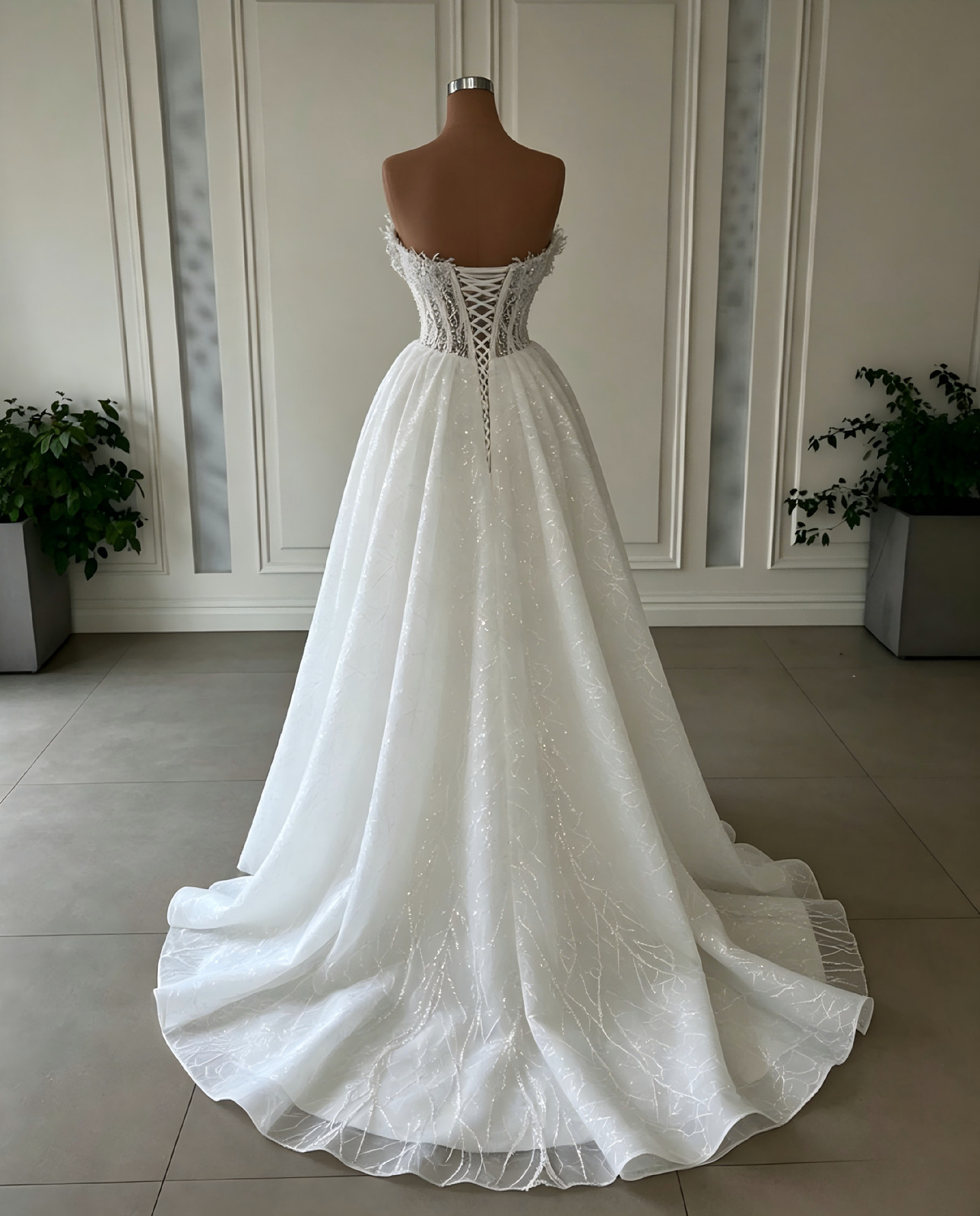 Beaded Mermaid Wedding Dress Detachable Overskirt Sparkly Bridal Gown Train