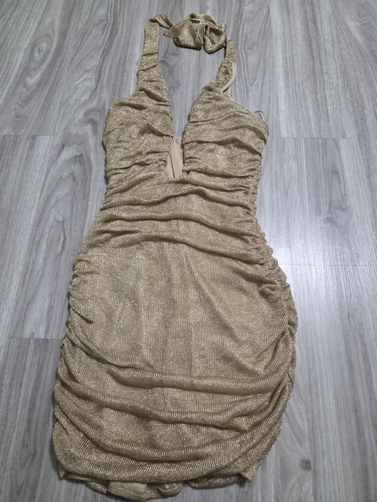 EDGE Women’s Gold Ruched Halter Mini Dress L Knit Polyester Zip Solid