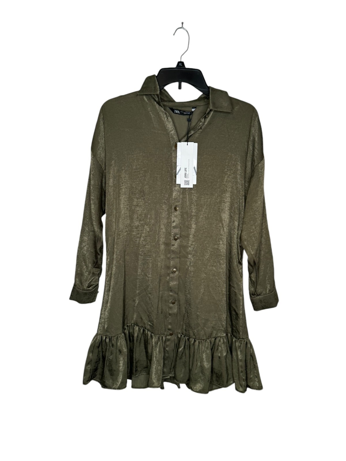 Zara Womens Dress Shirt Mini Collared Long Sleeve Satin Ruffled Hem Green XS NWT
