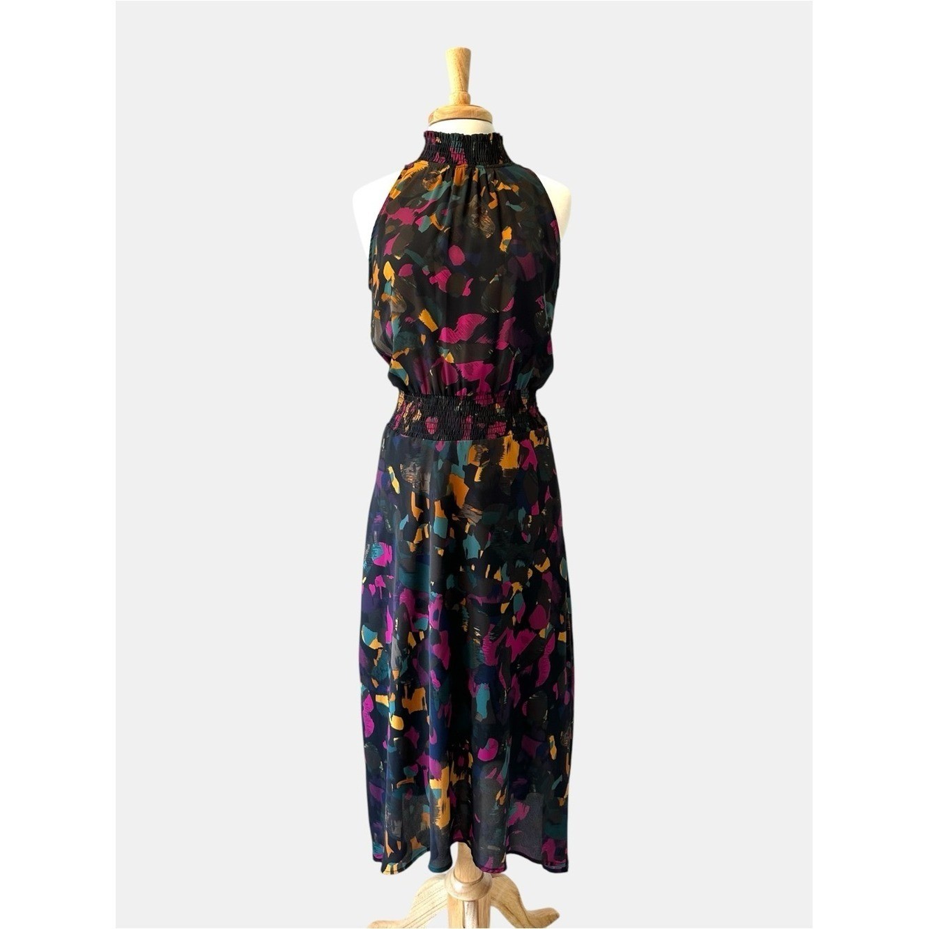 Peyton Jensen Abstract Floral Smocked Mock Neck Midi Dress Boho Wedding Size M