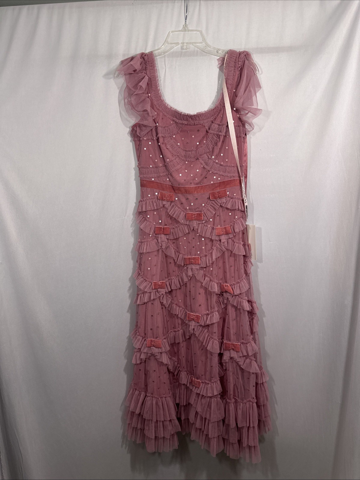 NWT Mac Duggal [ 4 ] 8272 Flutter Sleeve Lattice Bow Mesh Ruffle Mid Dress J2403