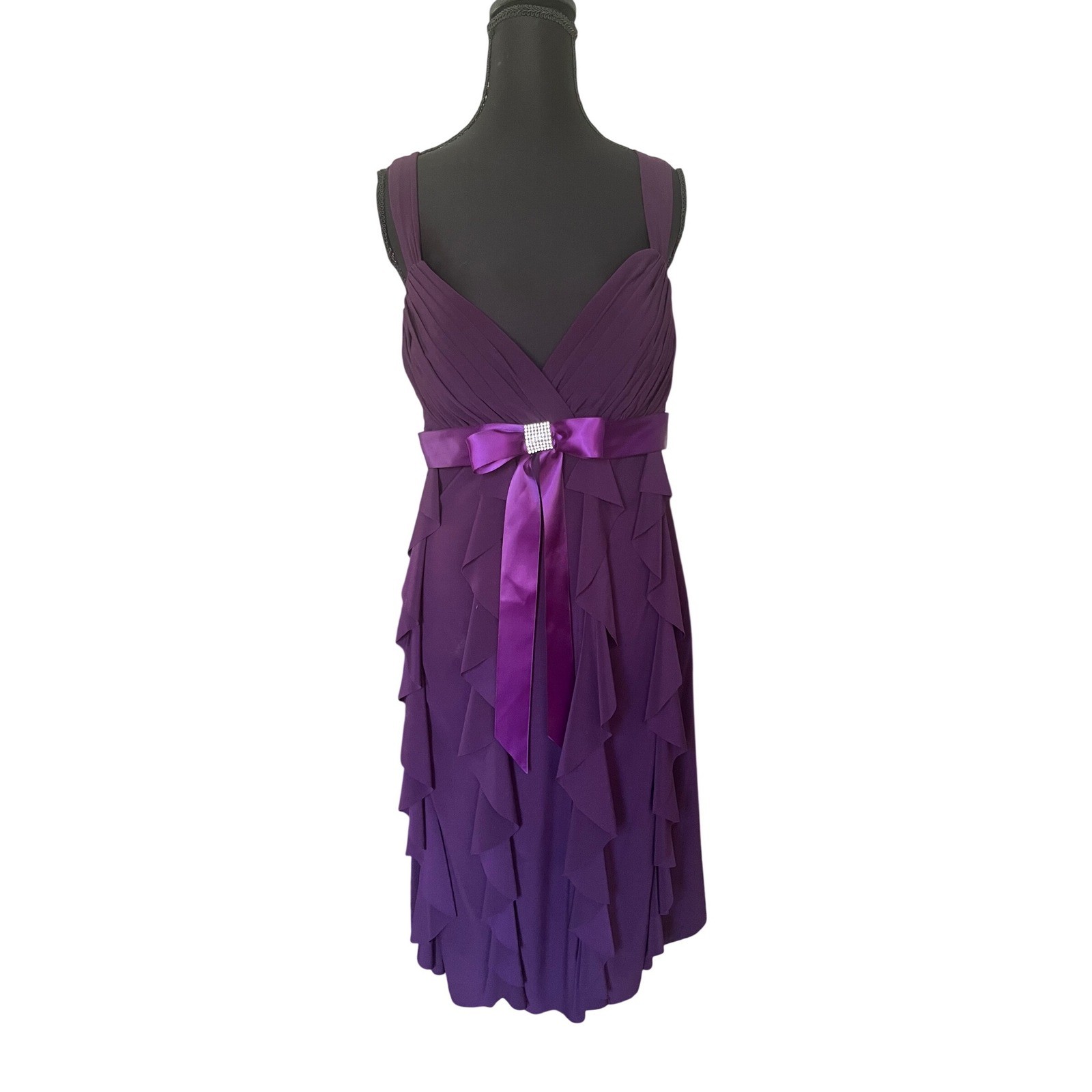 DJ-JAZ Purple Tiered Ruffle Cocktail Dress Rhinestone Bow Accent Size 16