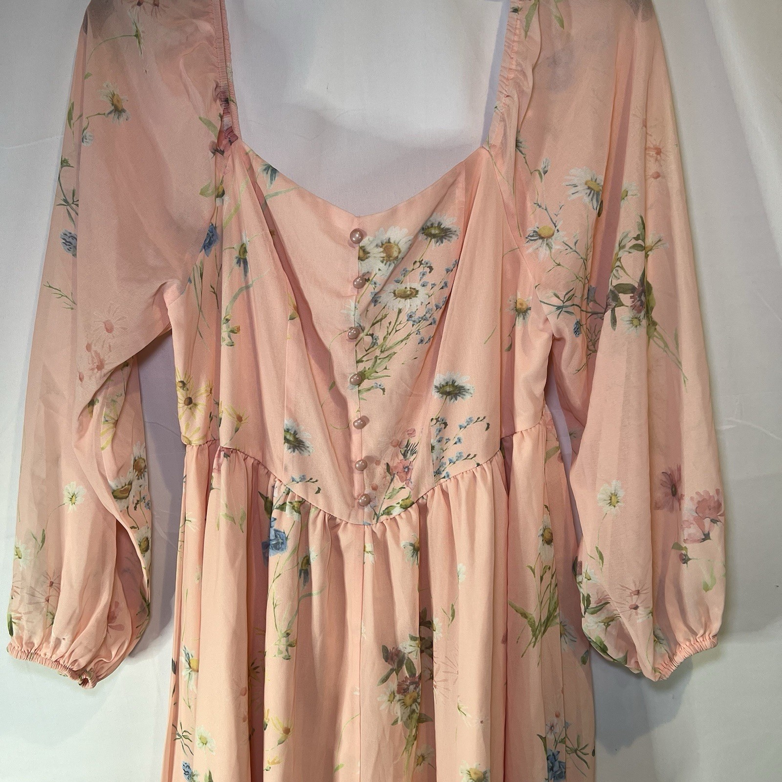 Cottagecore Womens 1XL Dress Peach Floral Babydoll Milkmaid Sheer Fairy Boho