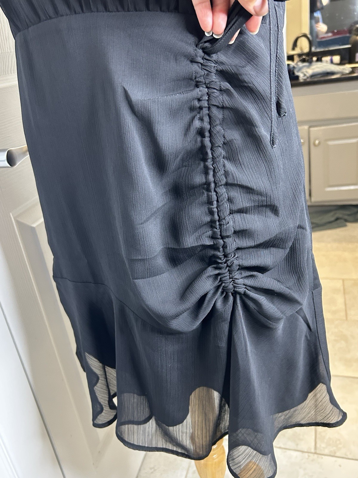 LOFT Black Chiffon Wrap Dress V-Neck Puff Short Sleeve Ruched Ruffle Hem 6P
