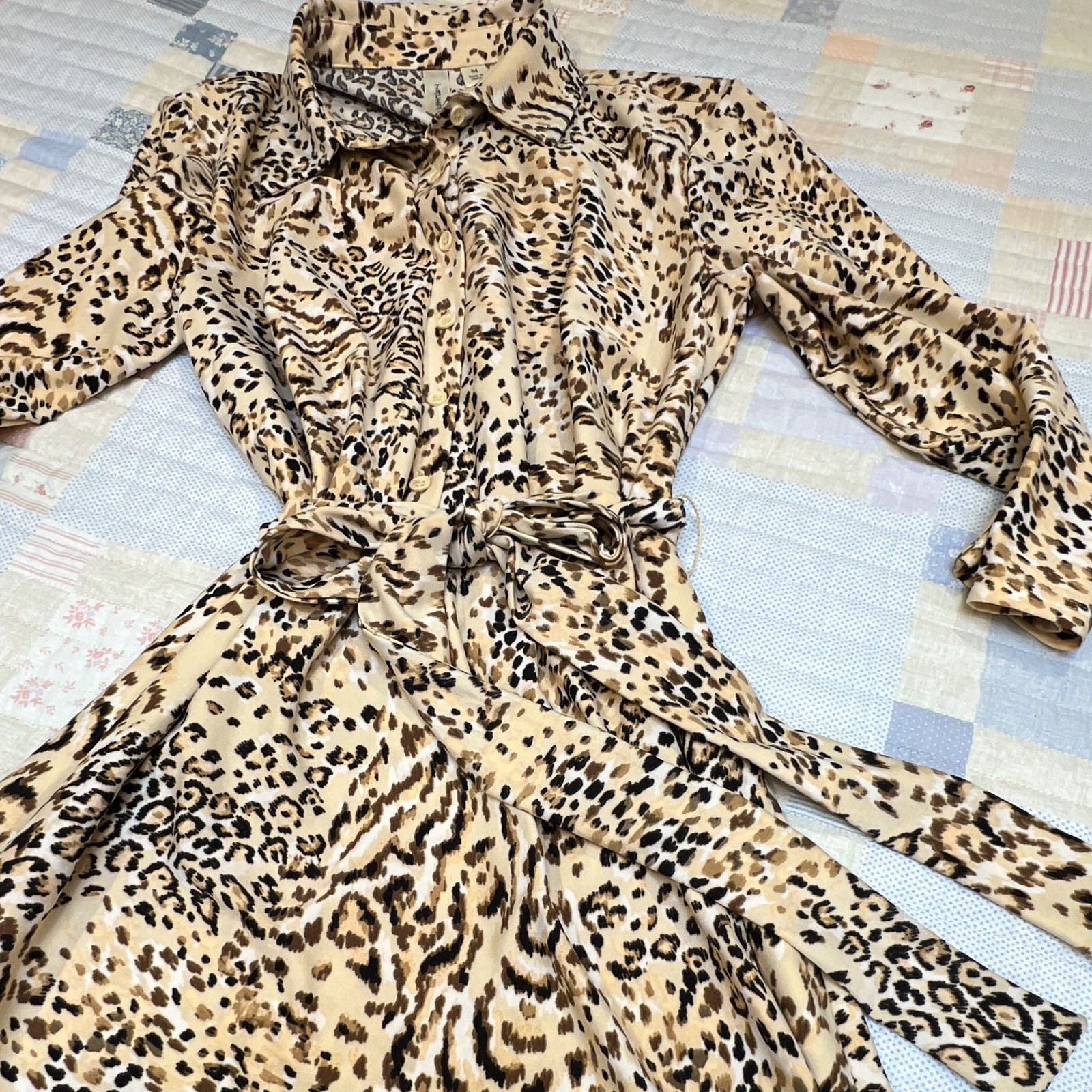 Tacera Size M Beige/Black/Brown Leopard Shirt Dress Belted Button 3/4 Sleeve