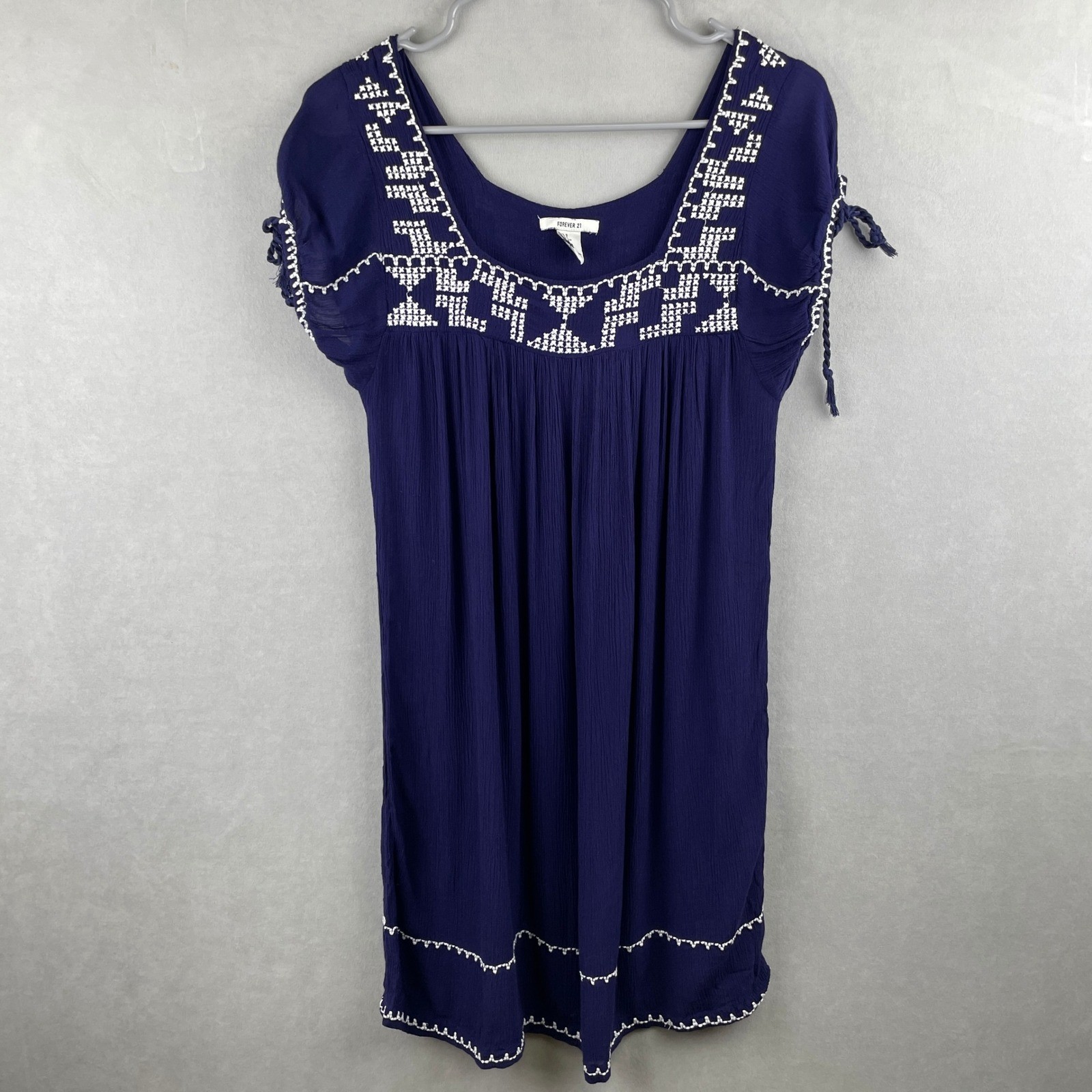 Forever 21 Navy Blue Boho Embroidered Crinkle Gauze Tunic Dress Coastal Hippie S