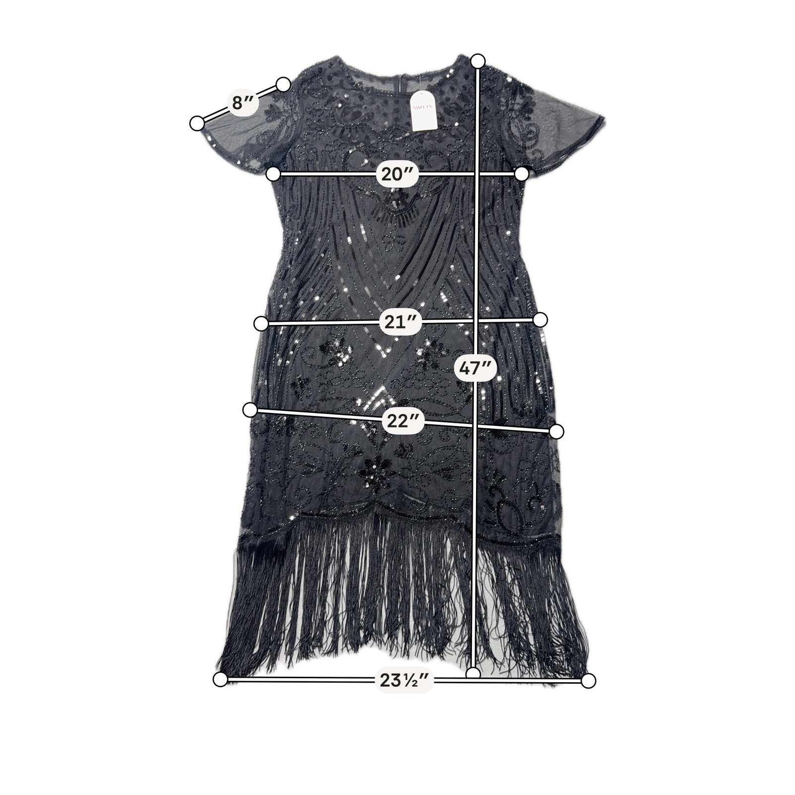 Babeyond Flapper Dress Womens L Black Beaded Sequin 1920s Great Gatsby Fringe
