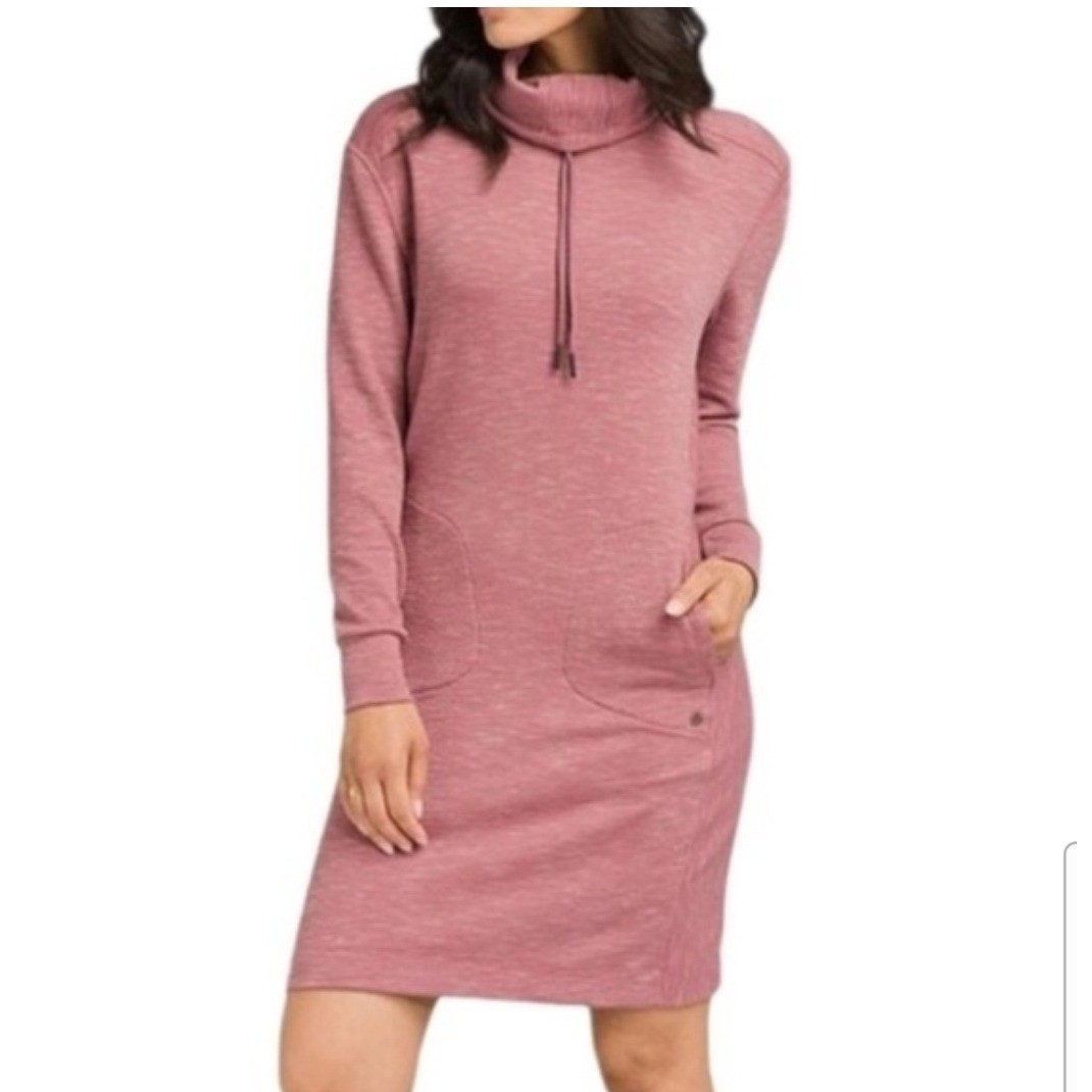 Prana Sunrise Sweatshirt Dress Size L Cowl Neck Pink Heathered Pockets Gorpcore