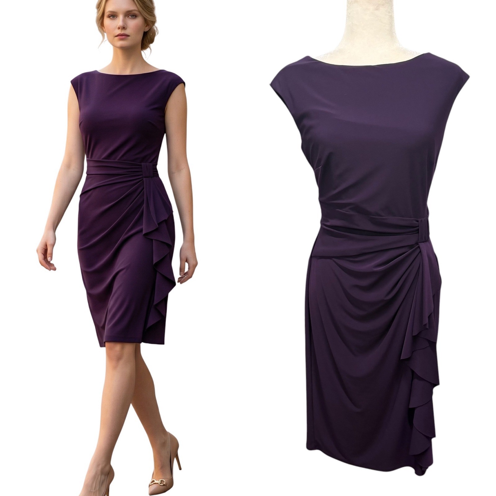 American Living Sheath Dress Womens 10 Purple Boat Neck Ruched Ruffle Knit Offic