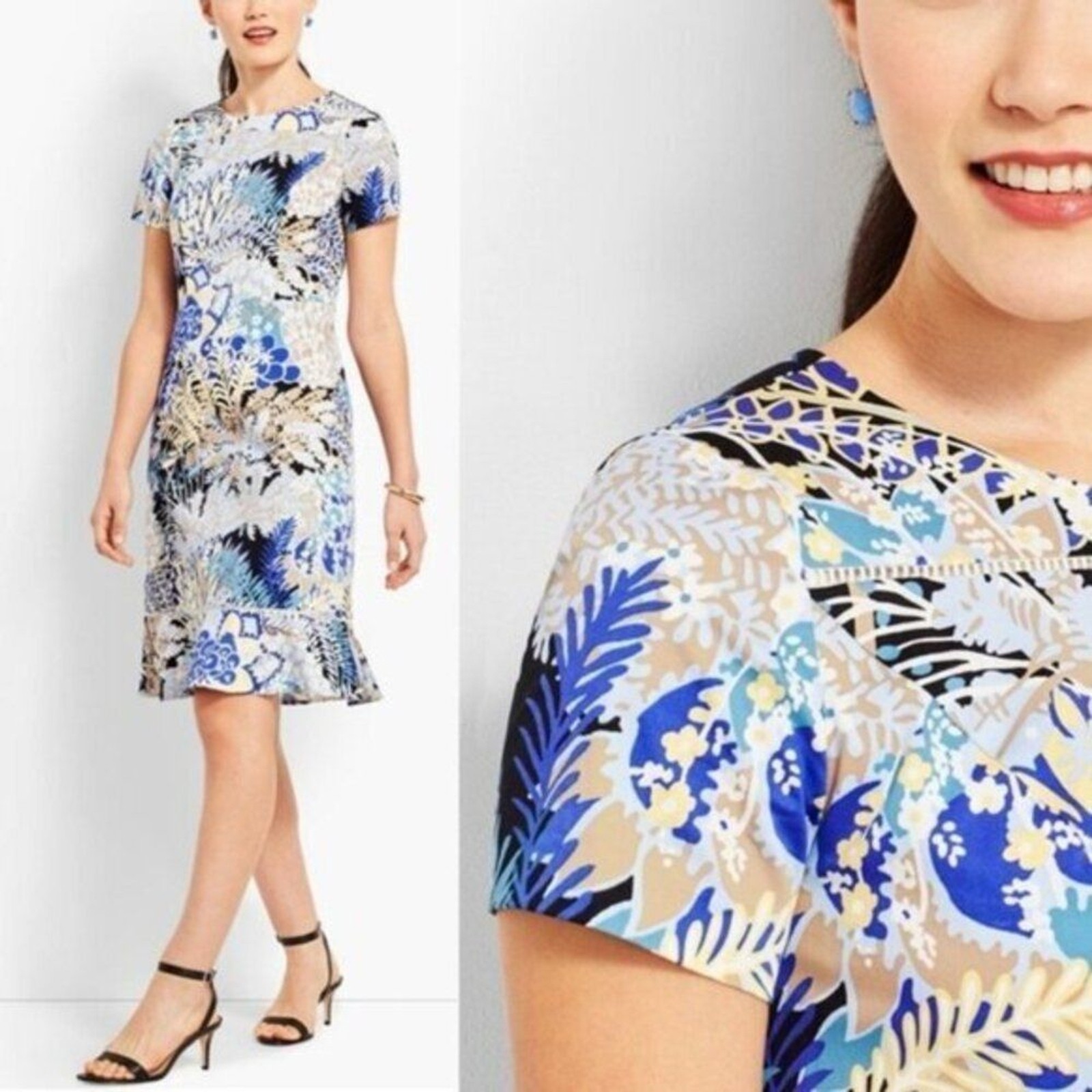 Talbots Botanical Floral Blue Multi Flounce Hem Short Sleeve Sateen Sheath 10P