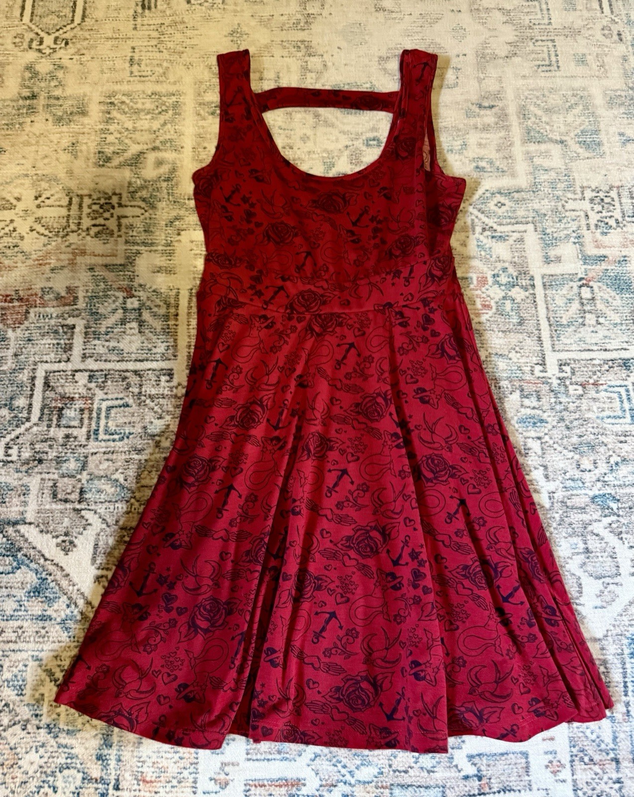 Hot Topic Red Skater Dress Sleeveless Tattoo Print Medium Retro-2014