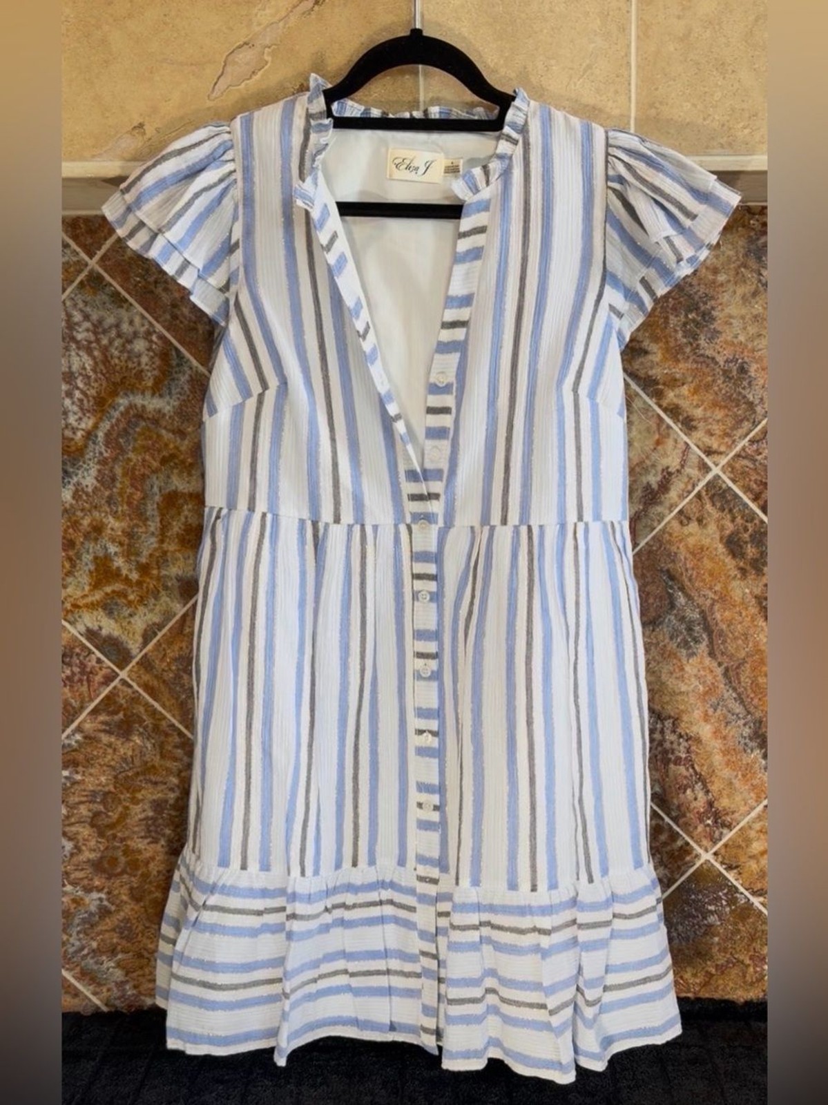 Eliza J Blue Striped Cap Sleeve Button Front Flounce Hem Dress Size 4
