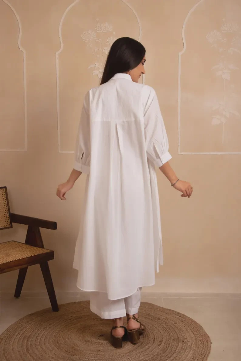 White Cotton Boho Co-ord Set | Collared Kurta & Palazzo Pants Ethnic Dress