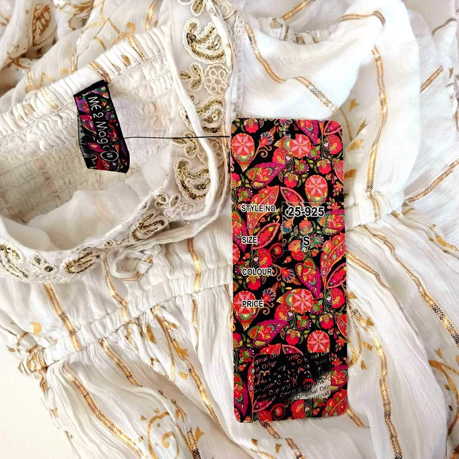 NWT Me 2 Magic Anthropologie Maxi Dress S Ivory Gold Lurex Smocked Embroidered