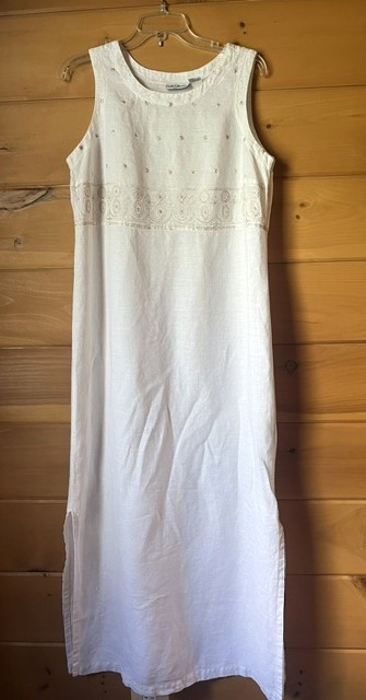 Croft & Barrow Maxi Sheath Dress Linen S 12 Sleeveless w/Gold Embroidered top