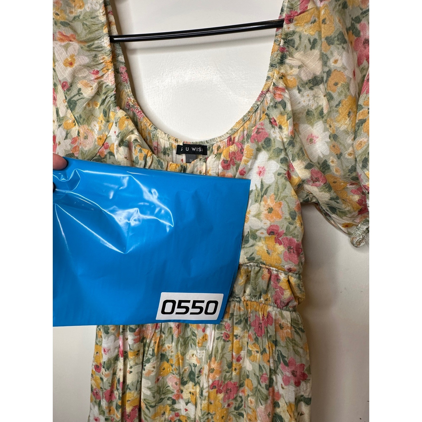 SU WISH Floral Puff Sleeve Mini Dress Yellow Pink Green Ruched Tiered Size M