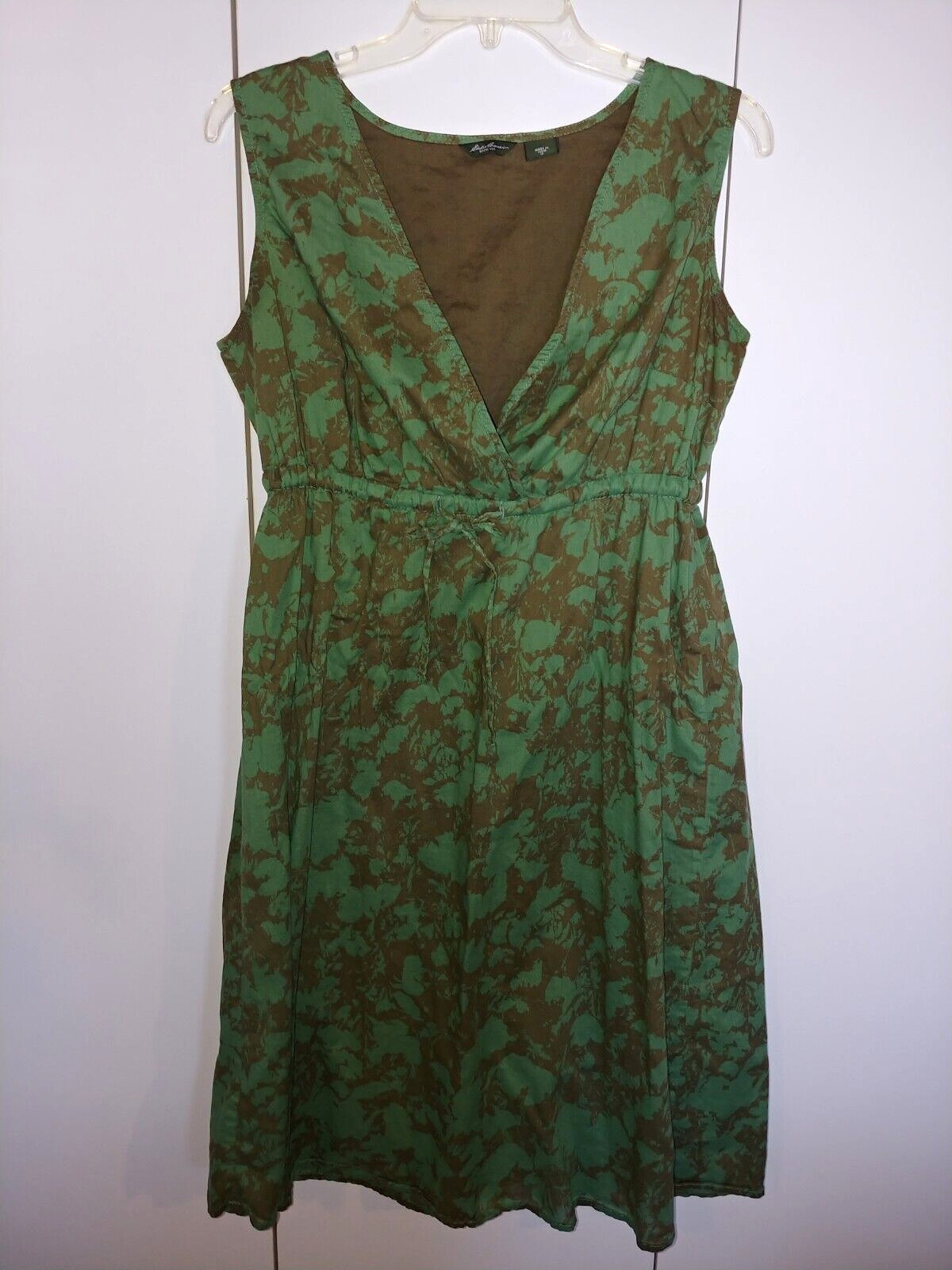 EDDIE BAUER LADIES SLEEVELESS GREEN COTTON DRESS-12-CROSS-OVER “V” FRONT-LINED