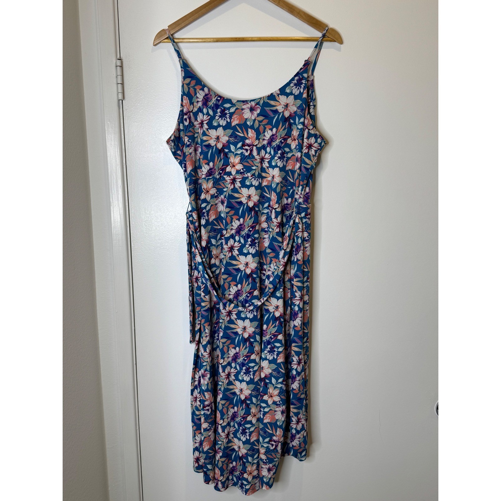 Simply Styled Womens XL Blue Tropical Floral Midi Dress Vacation Beachy Coquette