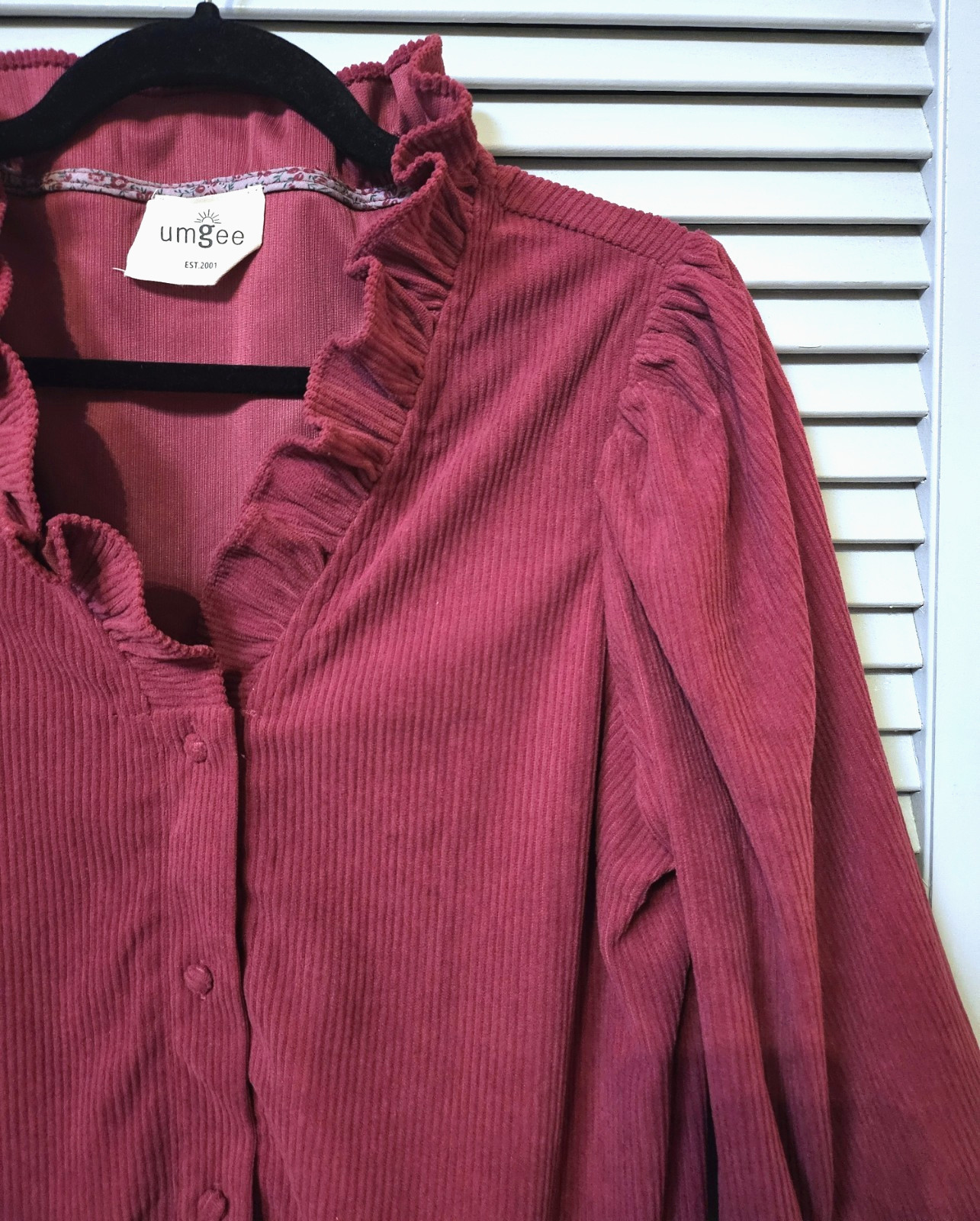 raspberry corduroy ruffle detail button down dress XL