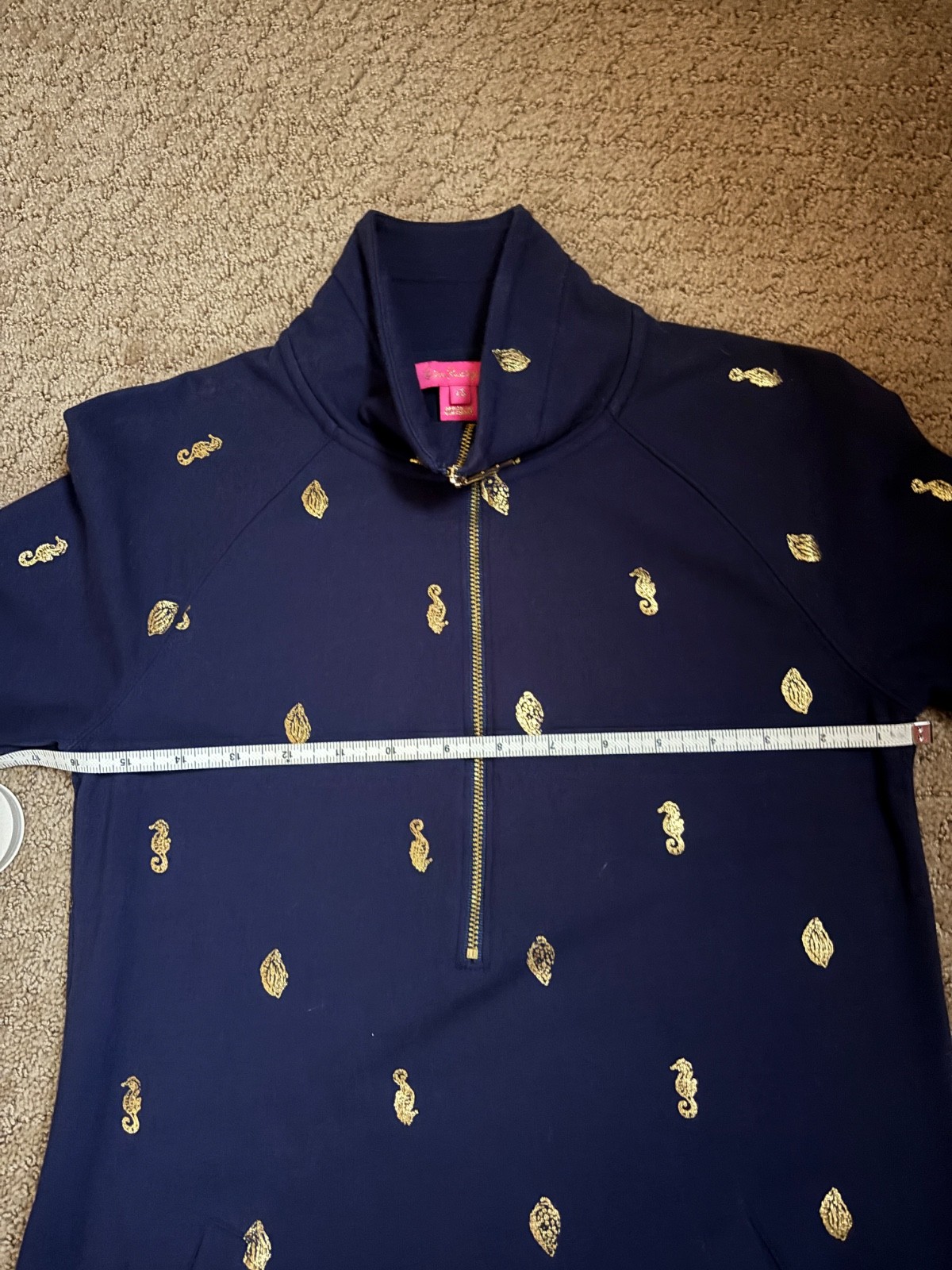 Lilly Pulitzer Quarter Zip Sweatshirt Dress, Navy W/ Gold Seahorses size XS