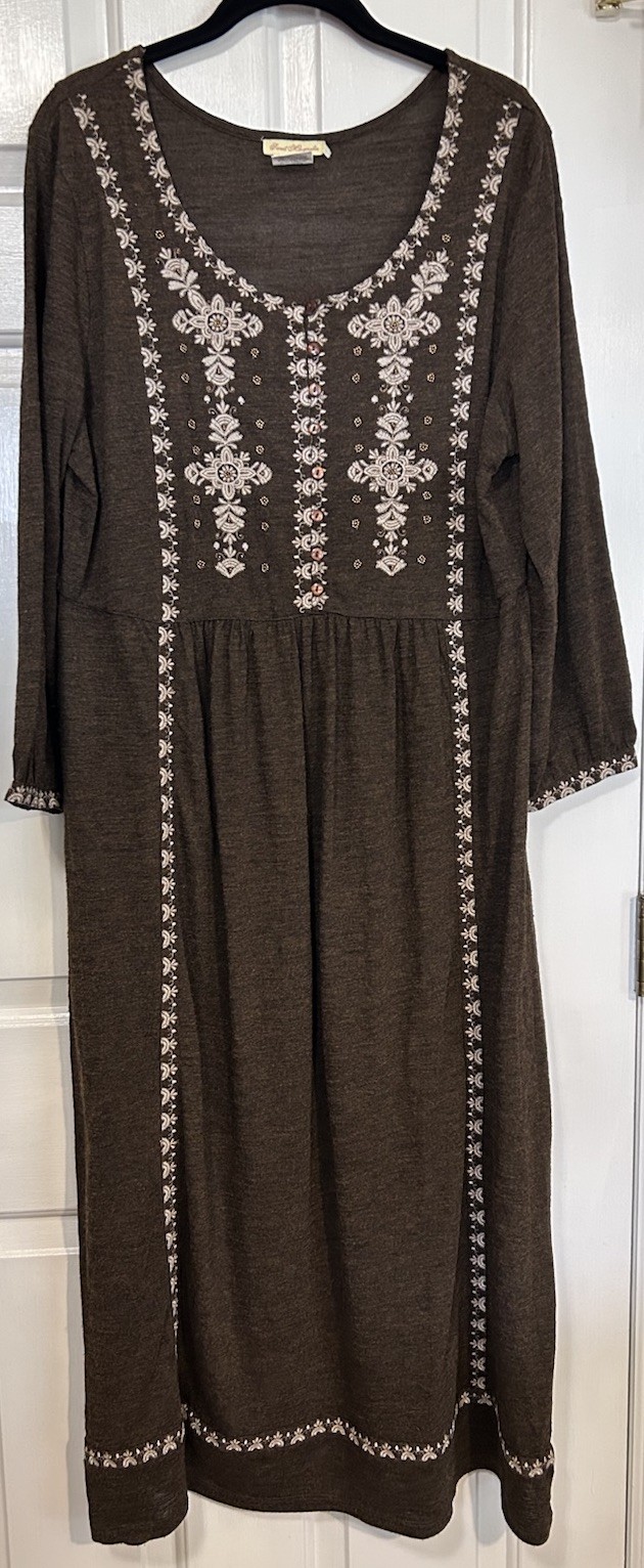 Sweet Magnolia Womens Large Embroidered Boho Dress Prairie Beaded Brown Cottage