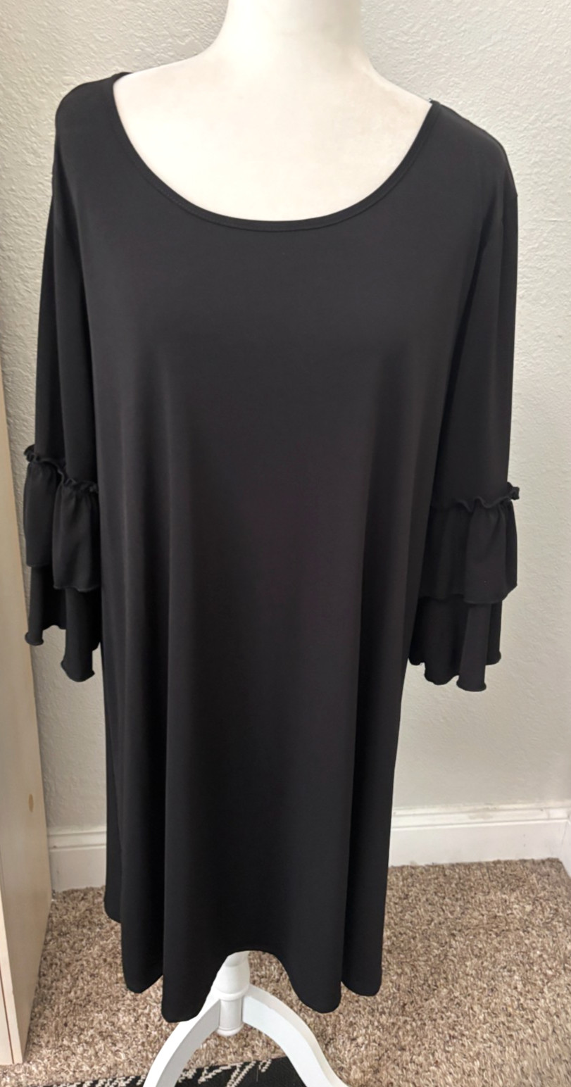 XL ESPRESSO Black SLINKY Travel Knit PULLOVER DRESS 3/4″ Ruffle Sleeve LBD Scoop