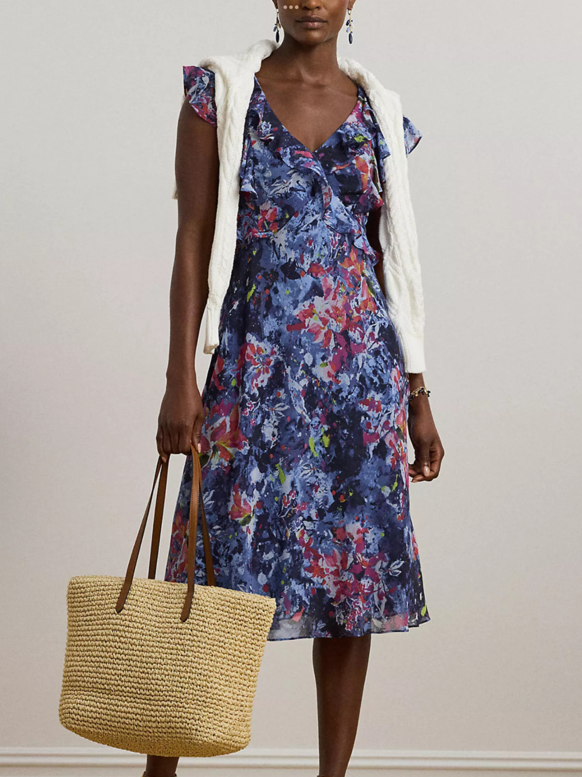 NWT Lauren Ralph Lauren Print Ruffle Trim Georgette Midi Dress, size 10, $185