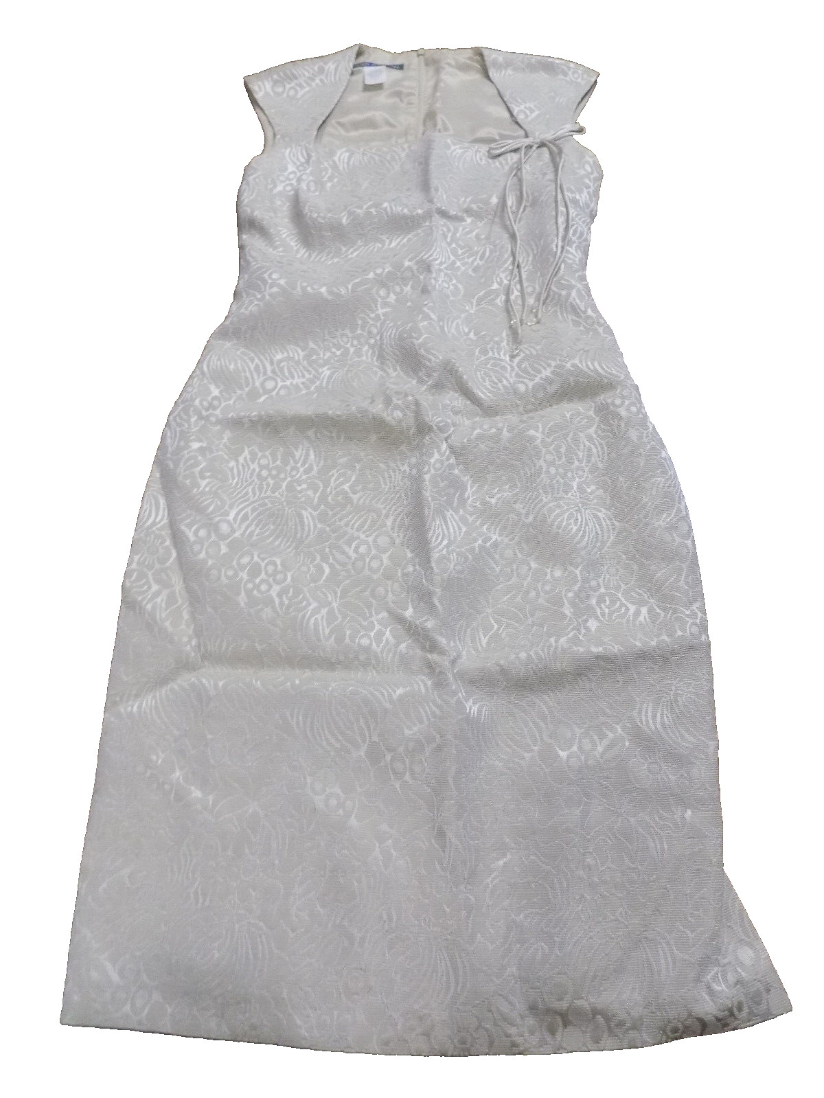 Maggie London Ivory Shimmer Brocade Ribbon Bow Beaded Sheath sz 4 EUC Elegant!