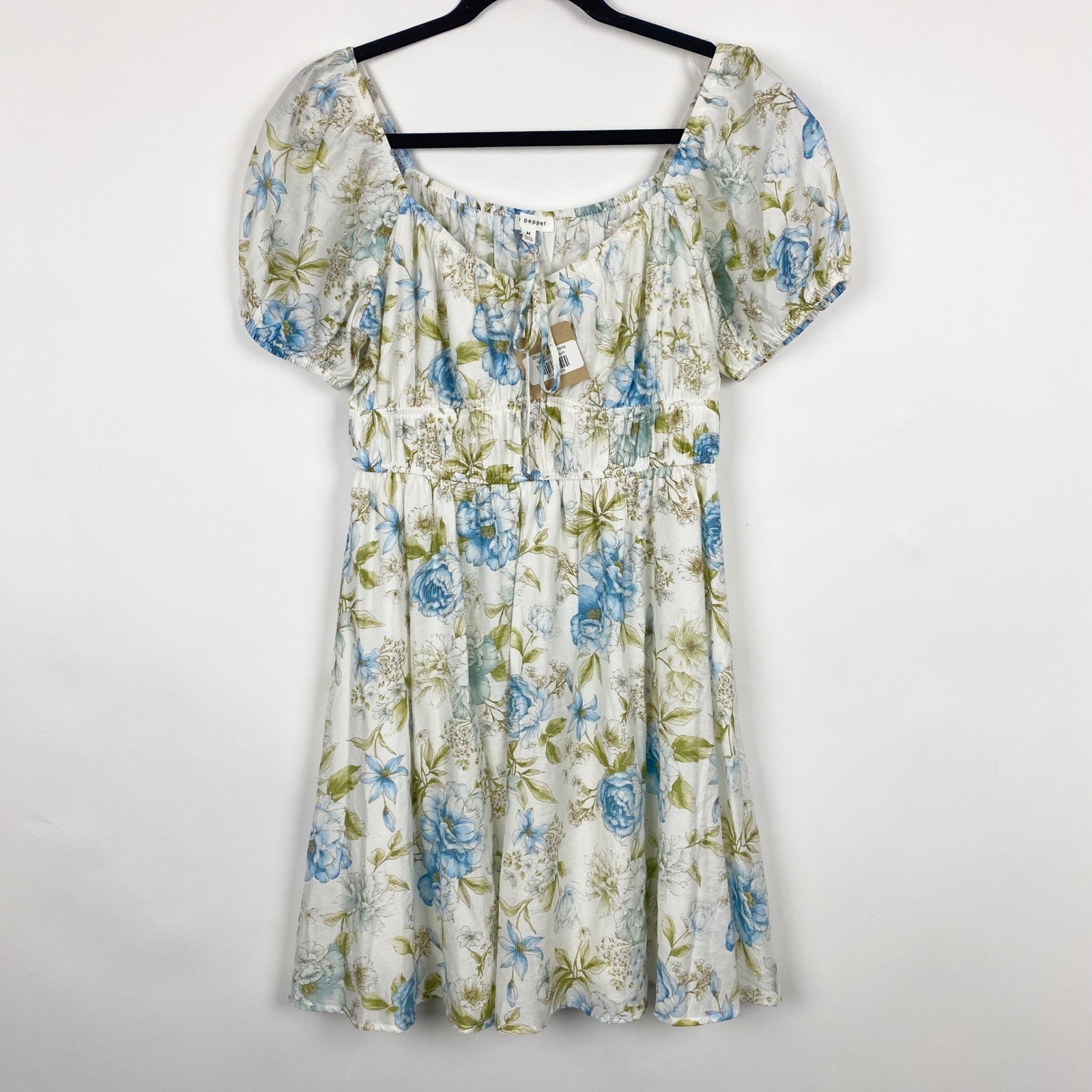 blu pepper Floral Smocked Puff Sleeve Mini Blue Belle Dress Womens Medium NWT