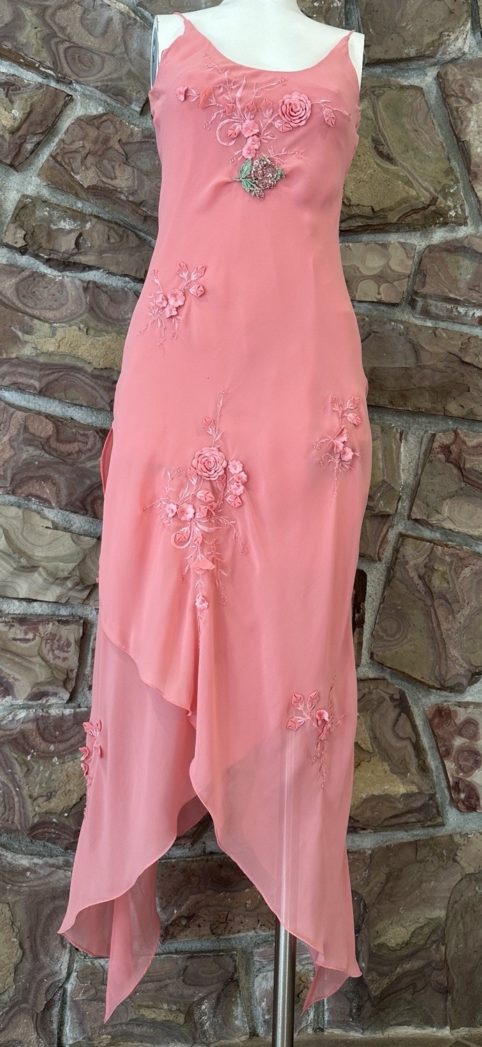 Y2K Fairy Prom Glamour 100% Silk Hand-Beaded Gown – Peach Pink Asymmetric S Mid