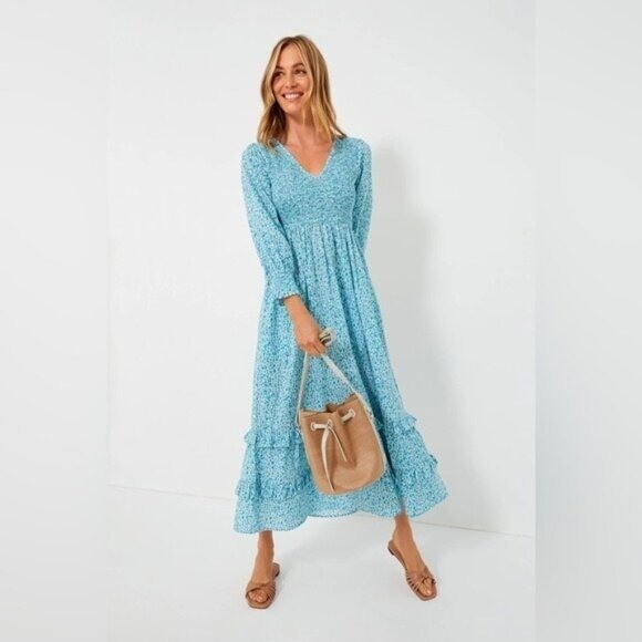 Pink City Prints NEW Blue Isabel Maxi Dress Ocean Ditsy Flower Size XS