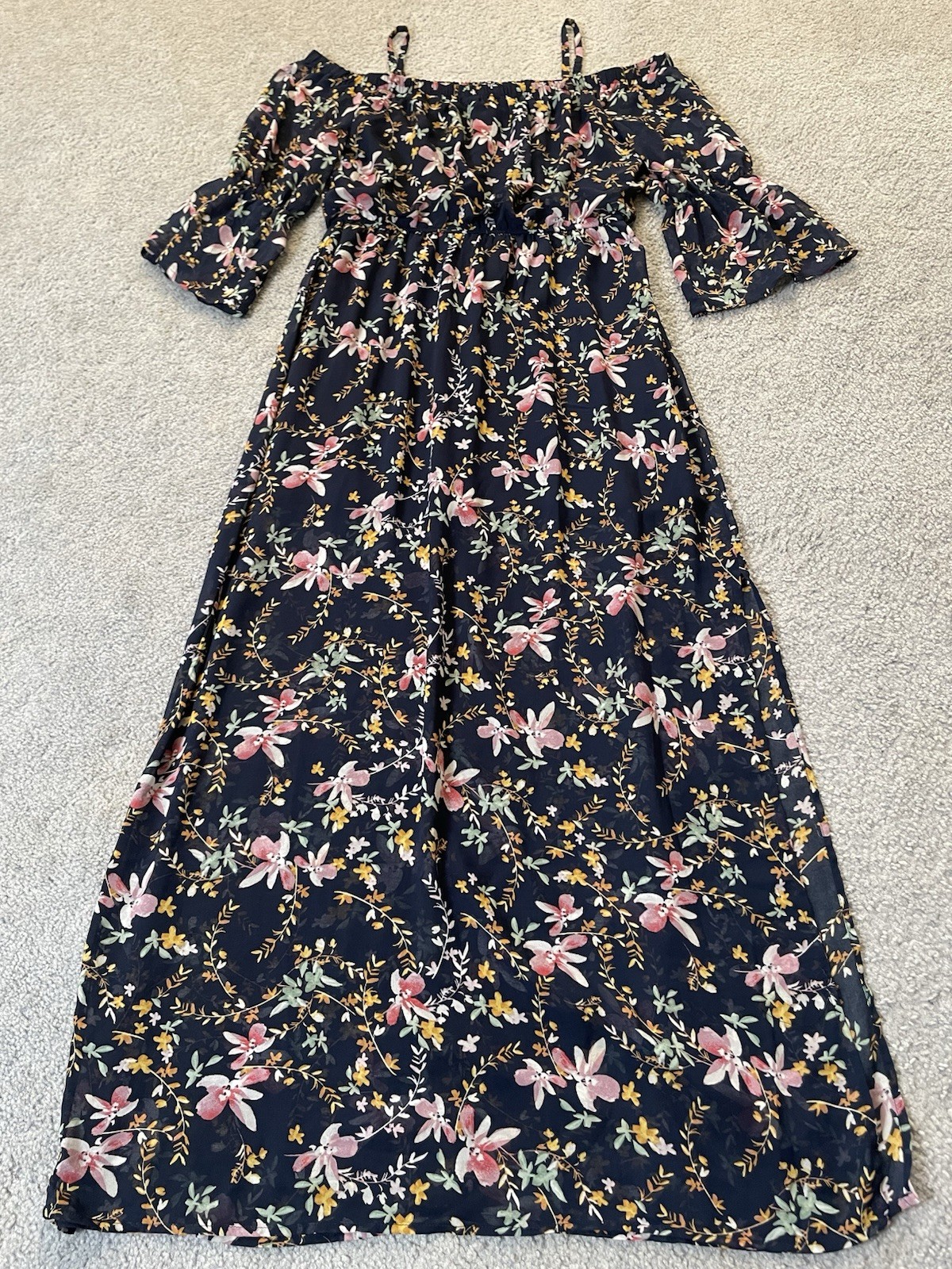 Off The Shoulder Floral Maxi Dress Sz L Navy Gold Elastic Waist Prairie Beach