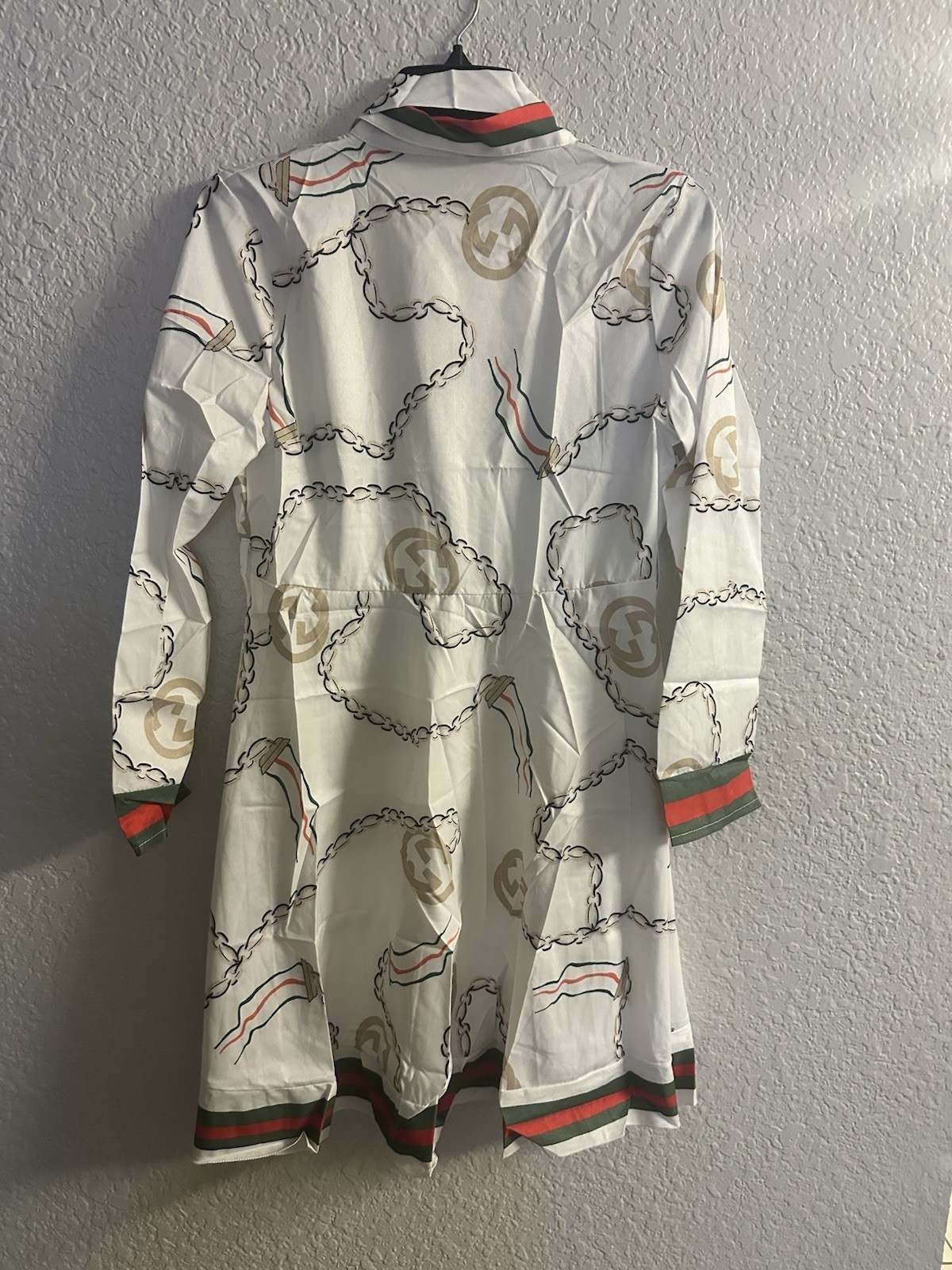 Chain Print Shirt Dress White Gold Red Green XL Collared Long Sleeve
