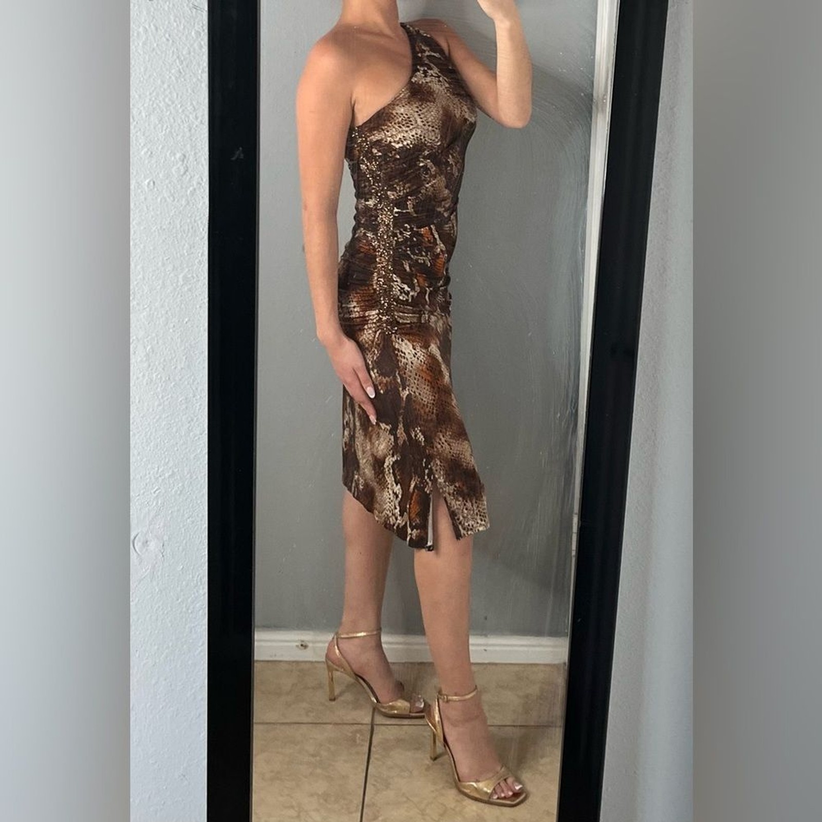 Snakeskin print one shoulder ruched bodycon side slit midi dress 6 | Y2K glam