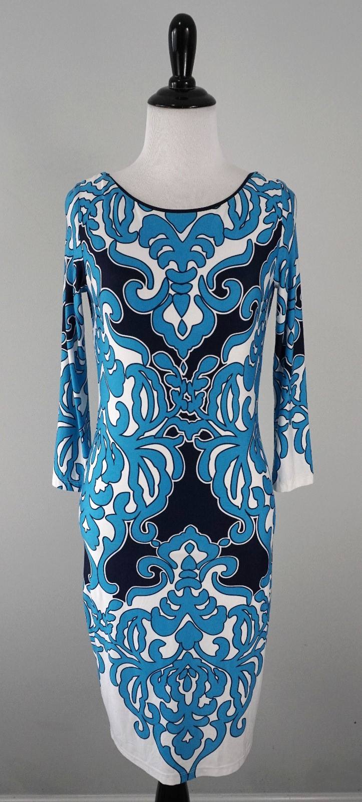 New Analili Blue White Black Paisley Stretch Long Sleeve Dress Size XS