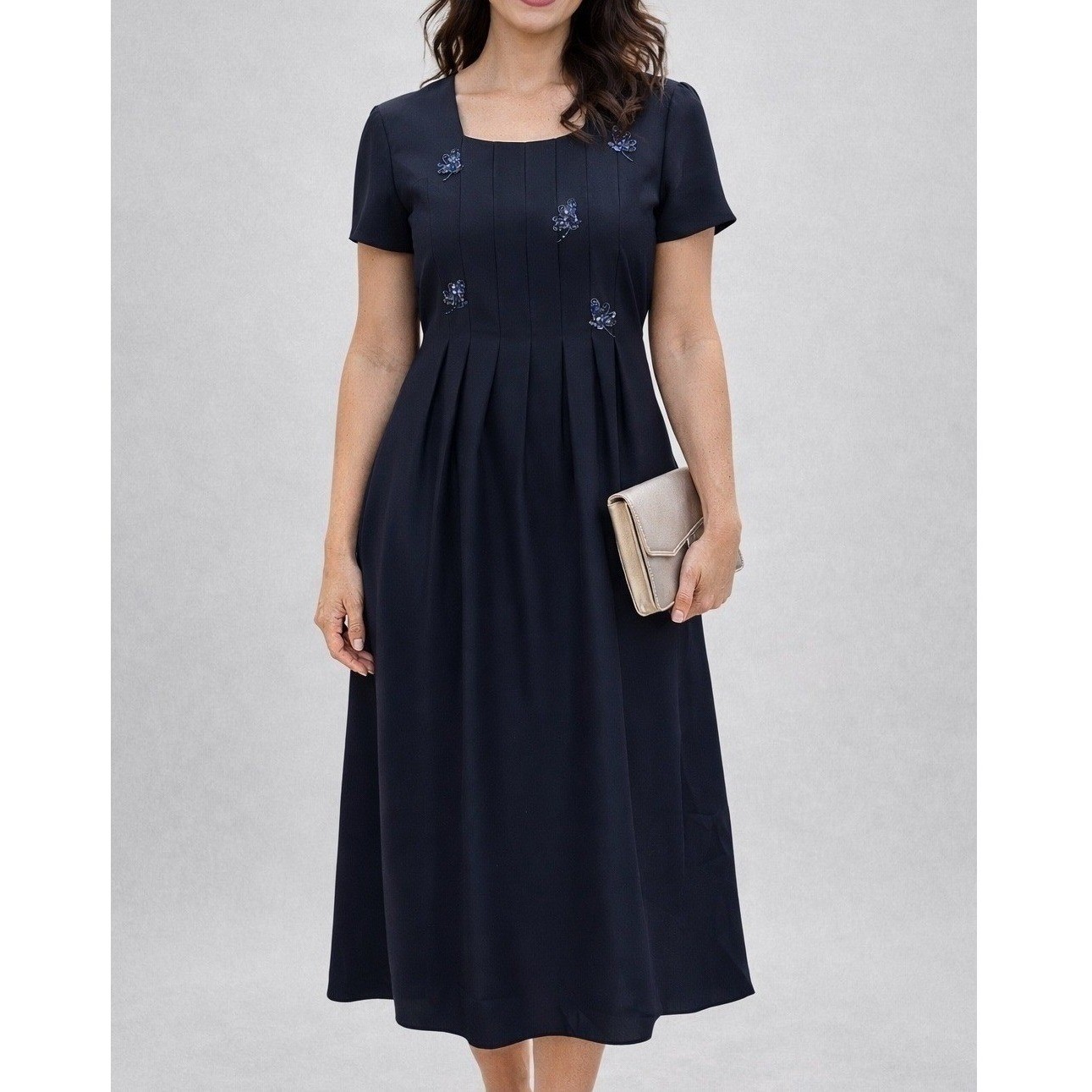 VTG Occasion Dress Petite 10 Navy Blue Beaded Dragonfly Fit Flare Classic Modest