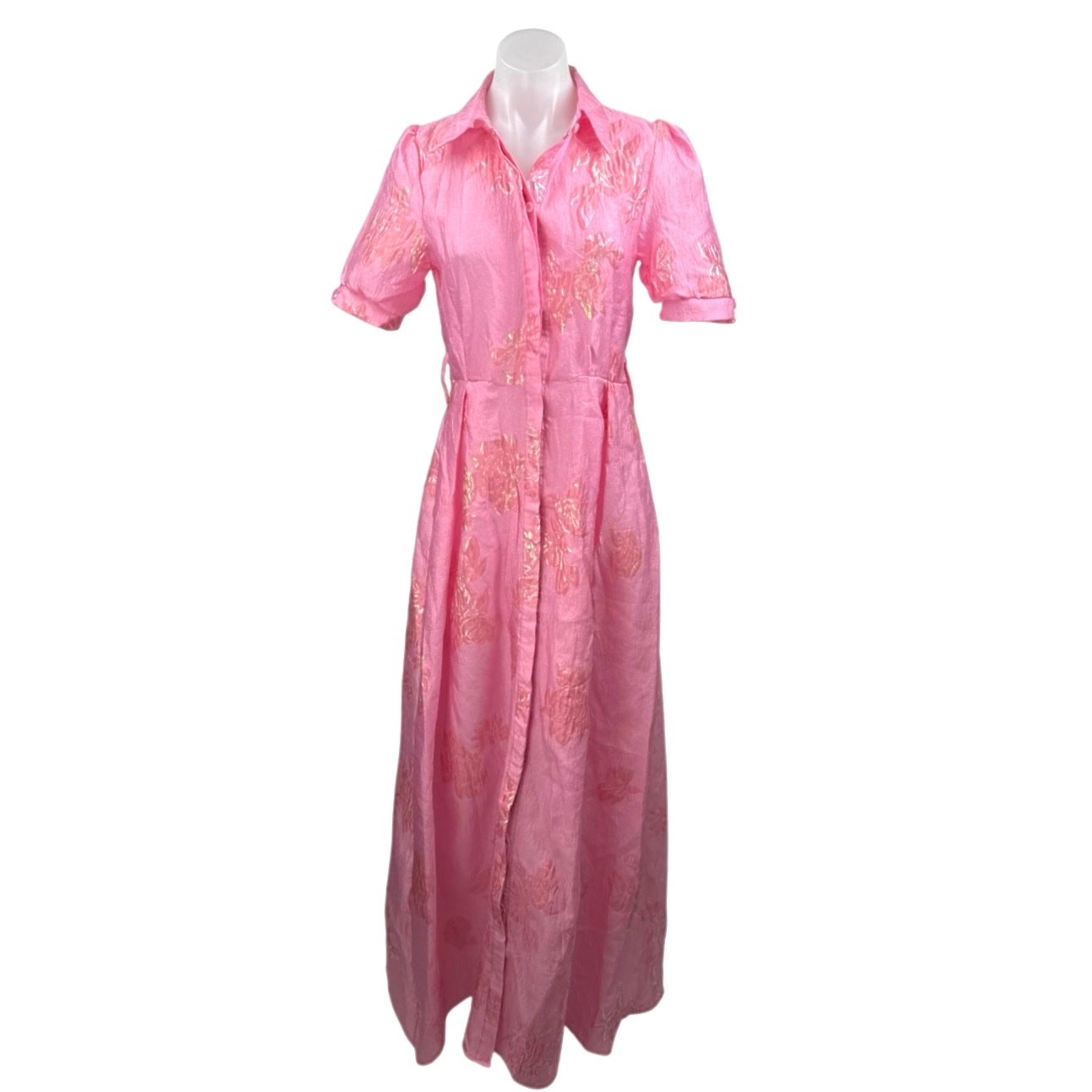 Women’s Floral Jacquard Short Sleeve Button Up A Line Maxi Shirt Dress Size S