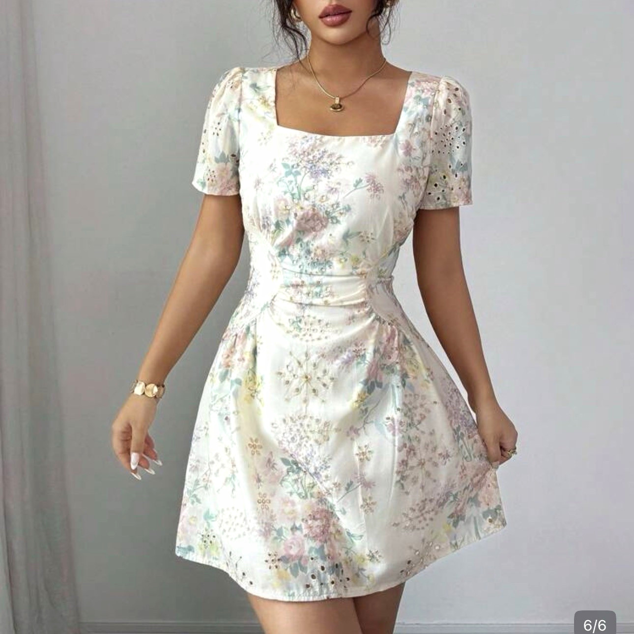 SHEIN Women’s Floral Square Neck Short Sleeve Eyelet Mini Zip Dress Size L
