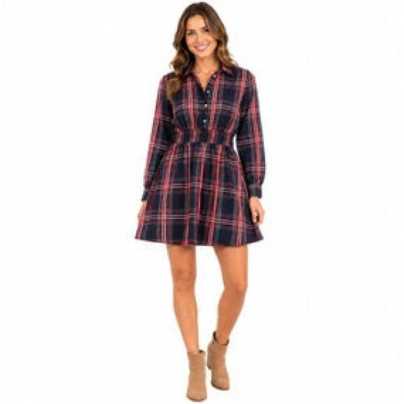 Free Assembly Womens Plaid Smocked Waist Mini Shirt Dress Red Green XS