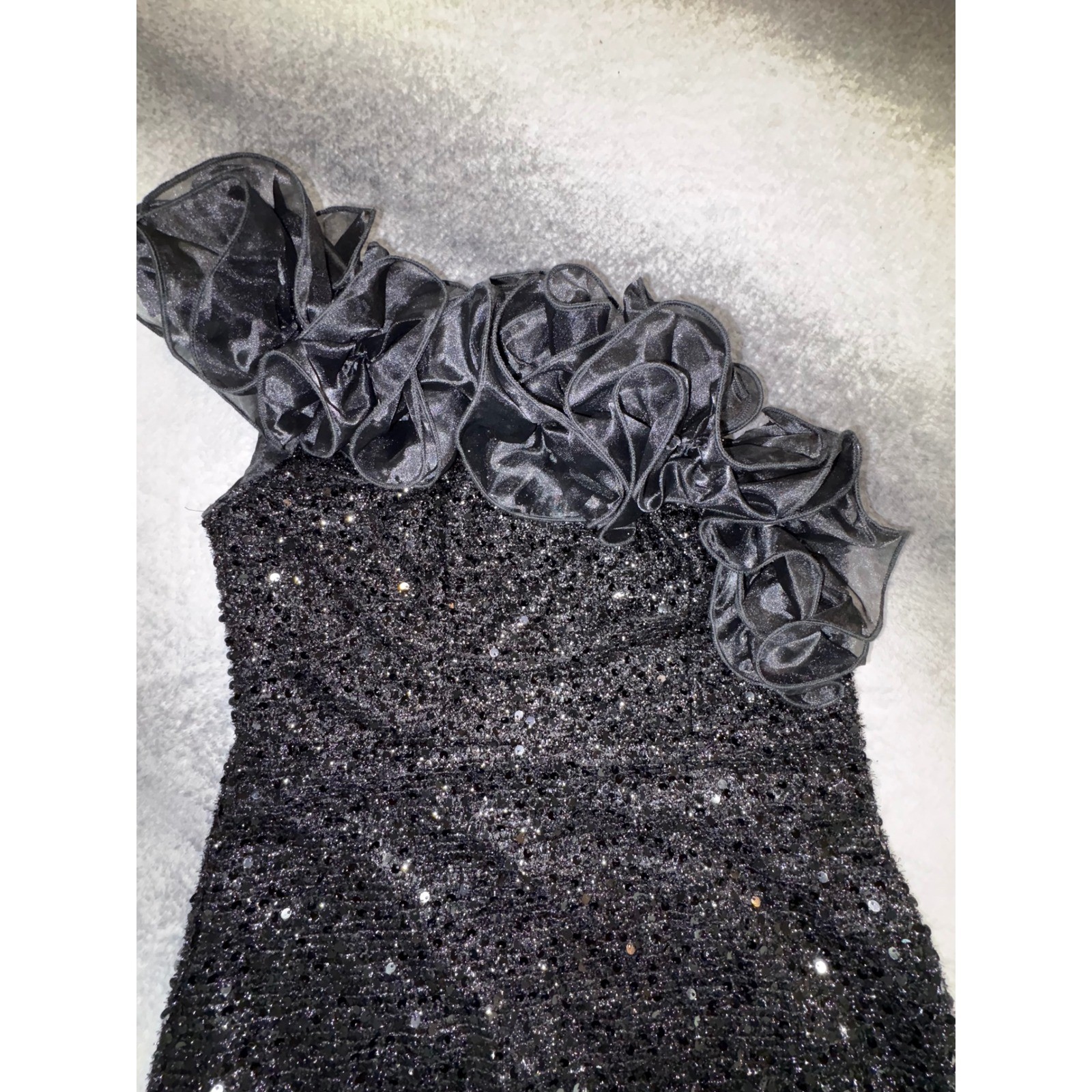 (A3) SHEIN Belle Black Sequin One Shoulder Ruffle Mini Dress Womens Size M NWT