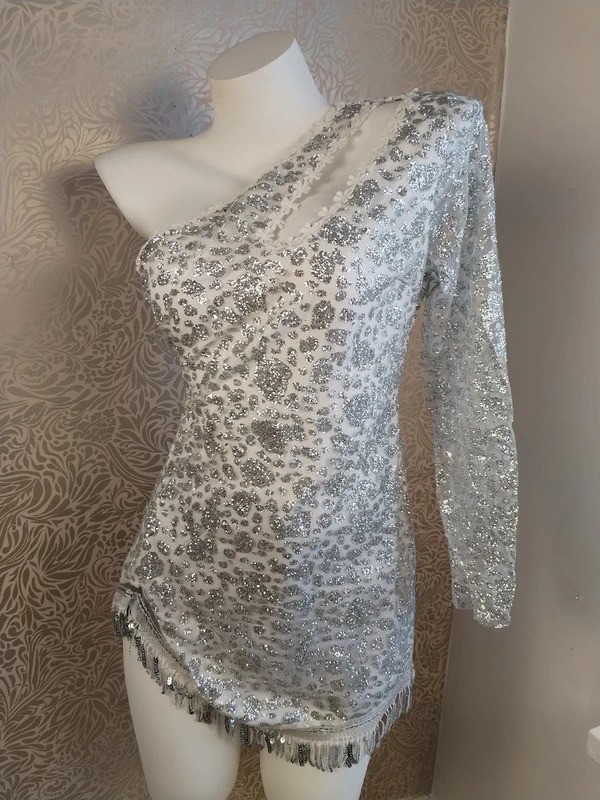 White Silver Sequin Glitter Mini Dress One Shoulder Tassel Sequin Hem UK Size 8