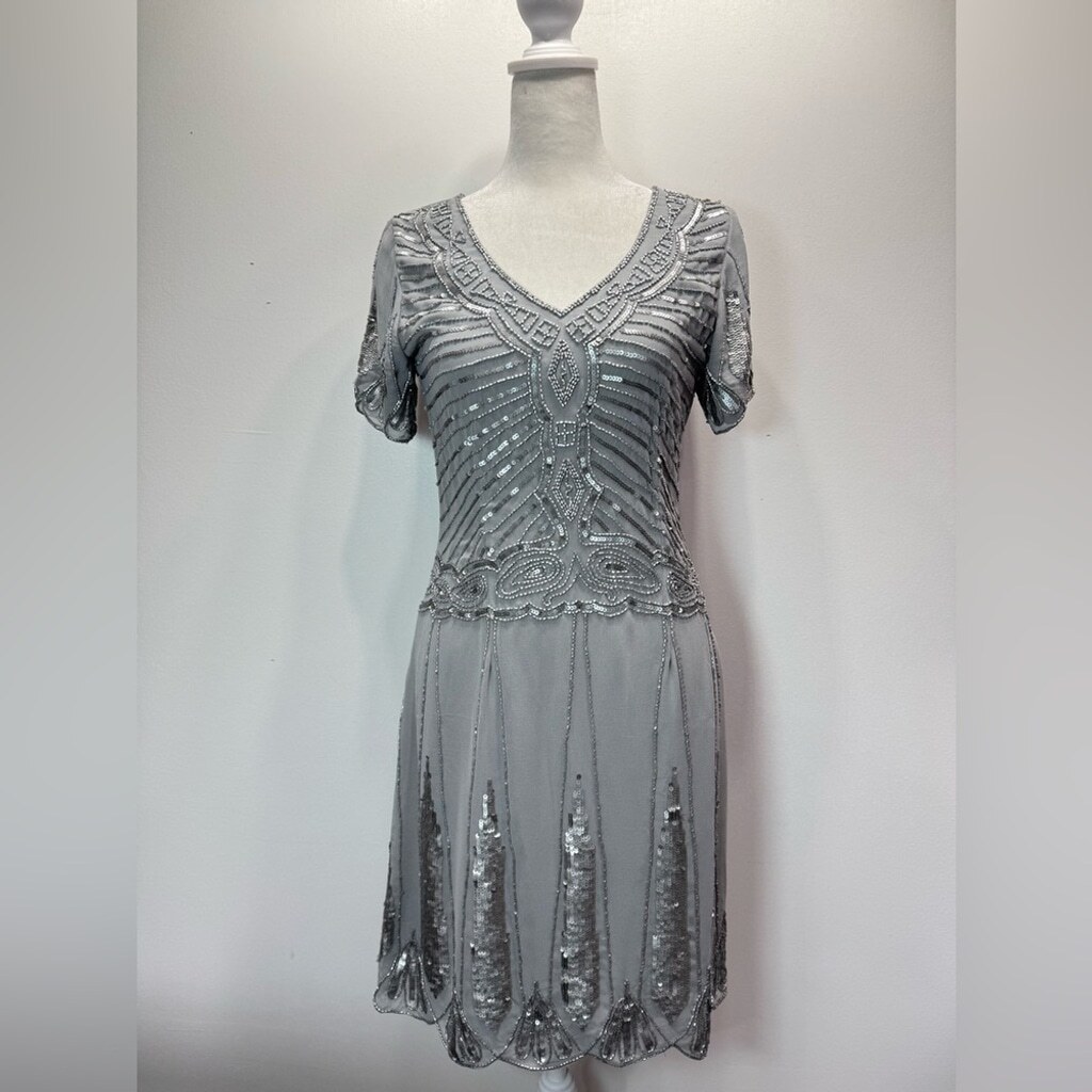 Cocktail Party Dress Silver Beaded Sequined Short Sleeve V Neck By Lace & Beads