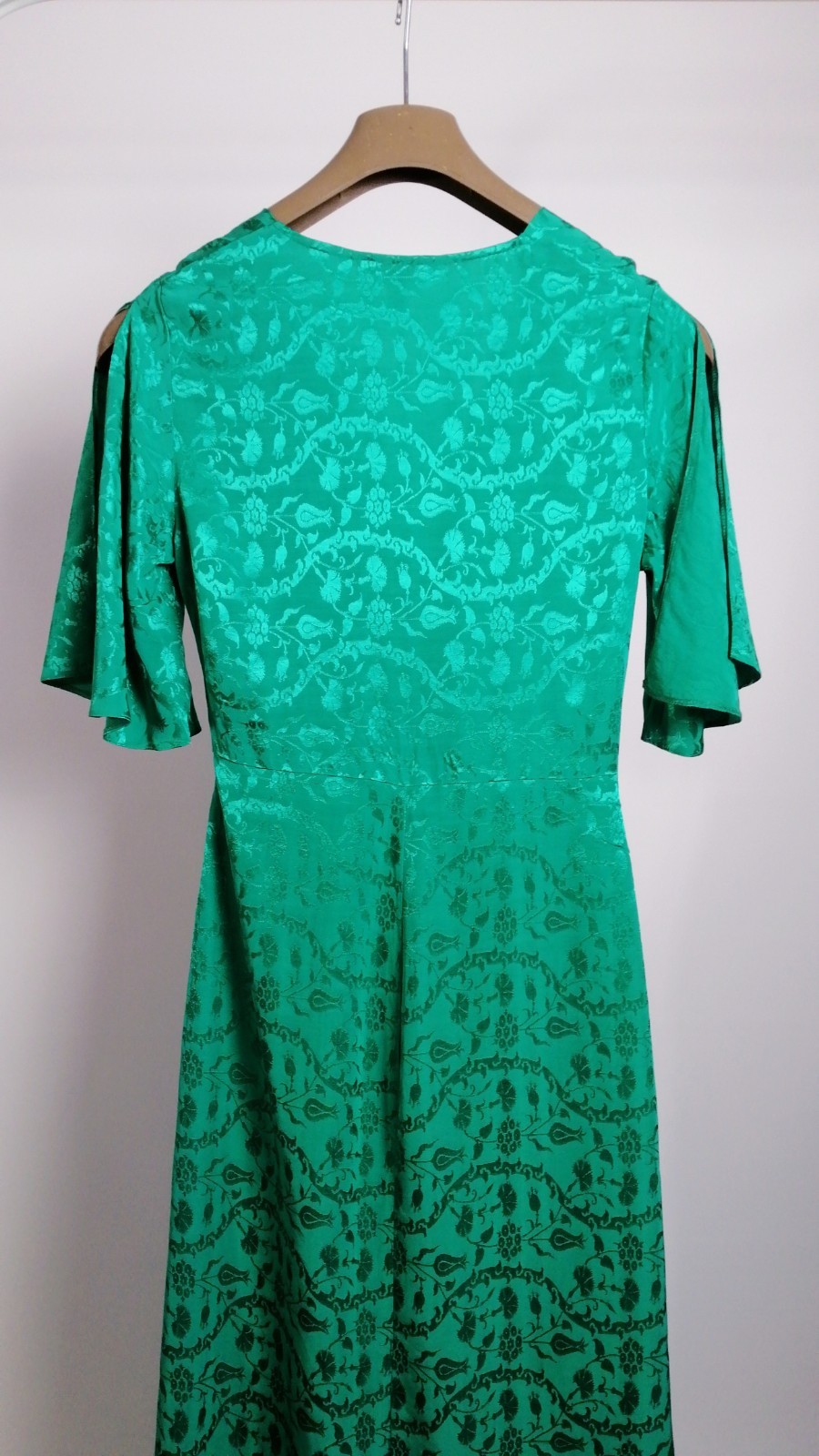 MISS SELFRIDGE Green Satin Jacquard Midi Dress Wrap Front Sz EU 36 UK 8 US 4