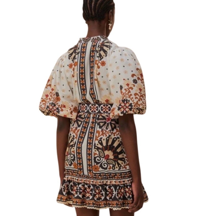 Farm Rio Flower Fan Tapestry Print Puff Sleeve Mini Dress Small NO BELT