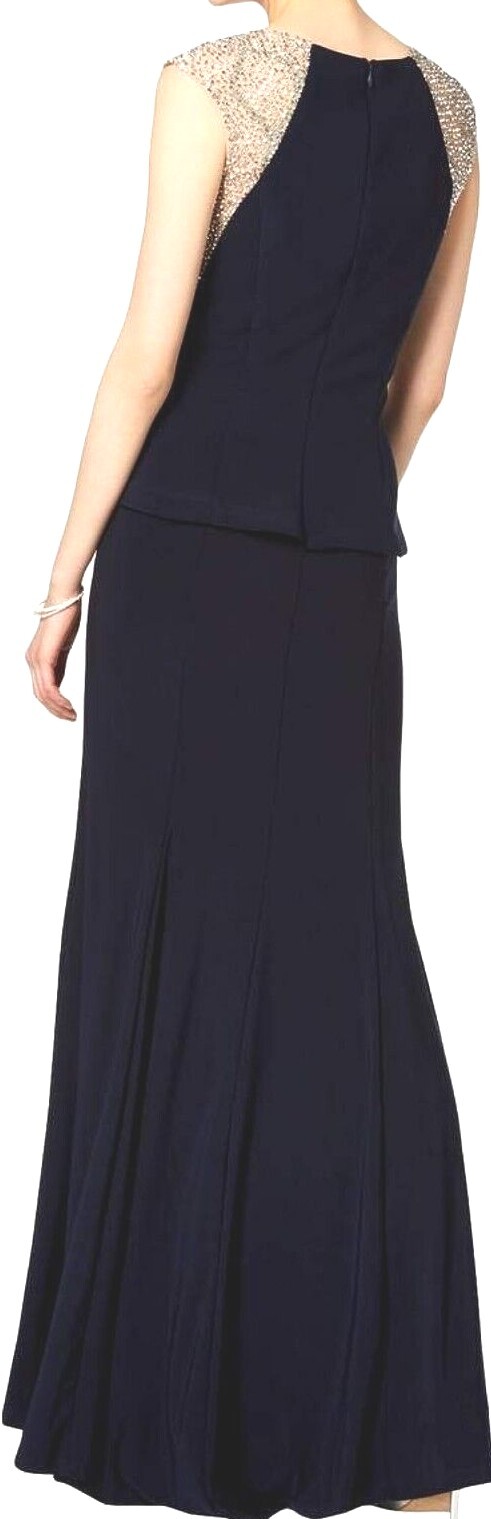 Xscape Women’s Beaded Mesh Jersey Maxi Peplum Ball Gown, Navy, Tall 6,8,10,12,14