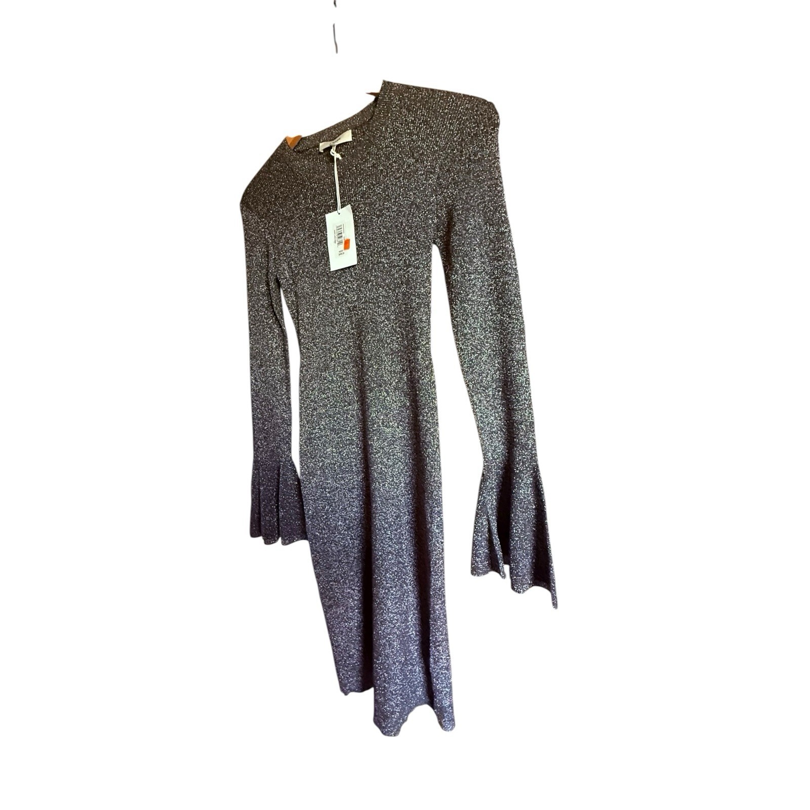 NWT FRAME Godet Lurex Metallic Ribbed Knit Bell Sleeve Midi Dress Size M $498