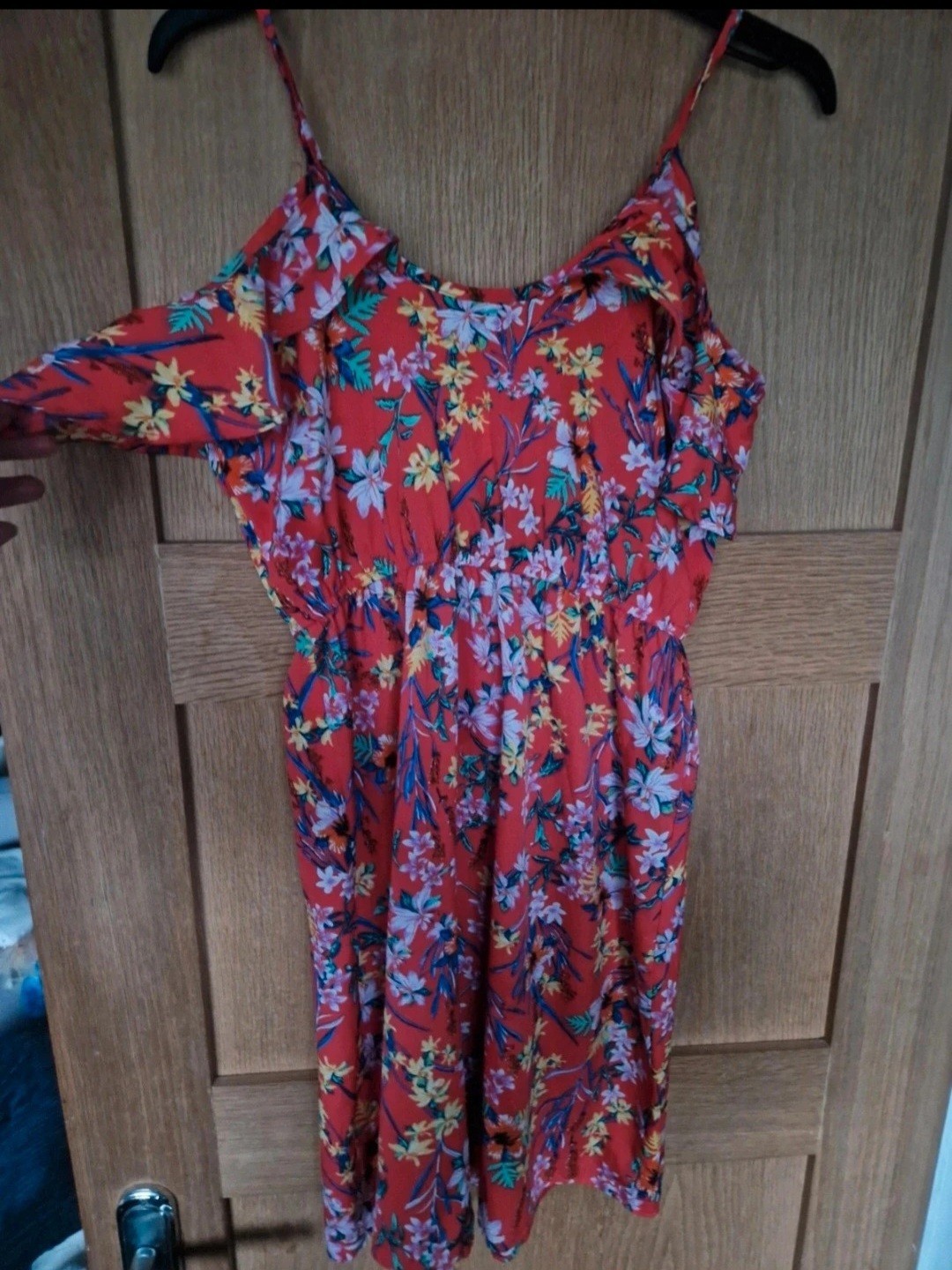 Bold Boho Tropical Ruffle Dress 🌺 Cold Shoulder Bright Floral (UK 8/10)