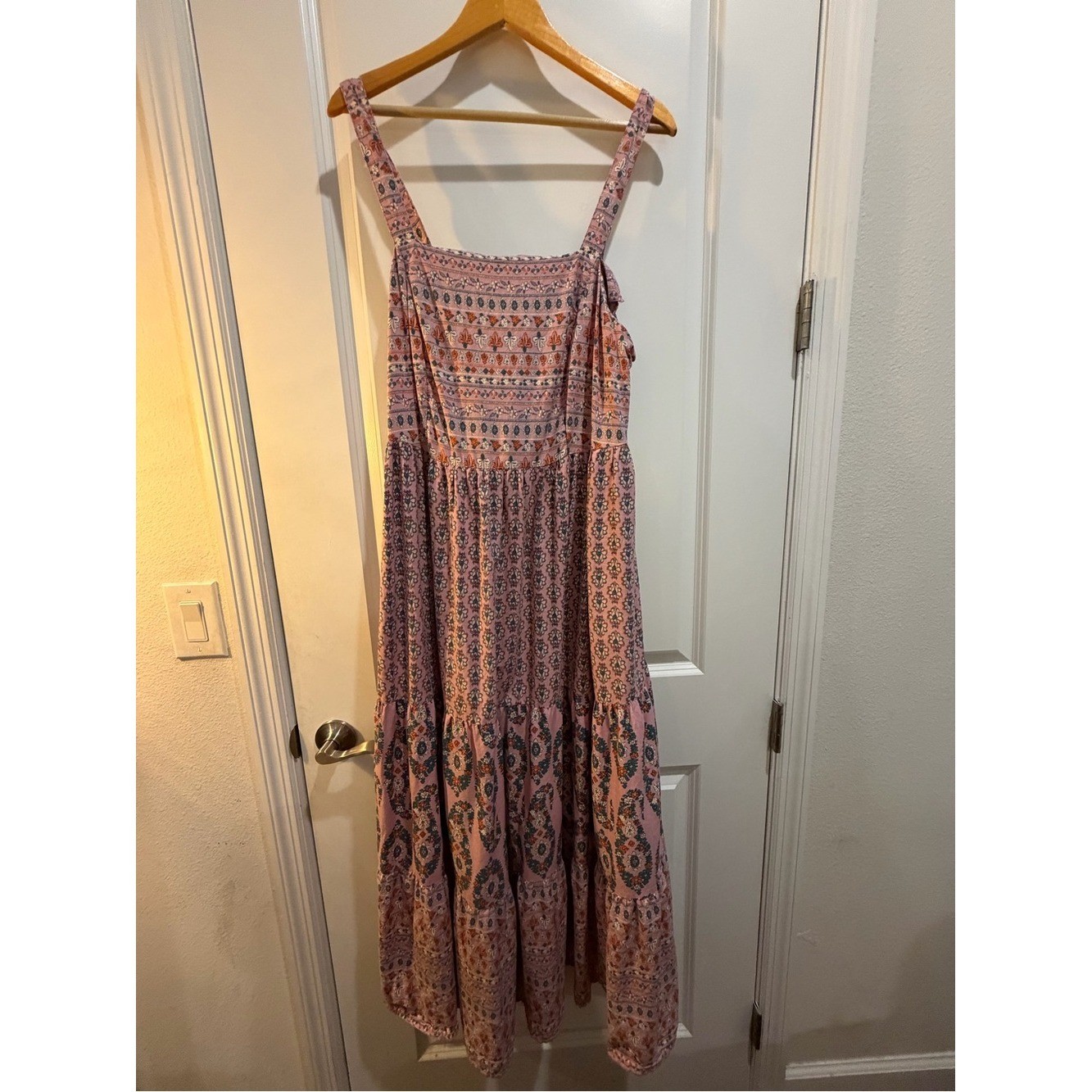 Knox Rose XXL Pink Boho Tiered Midi Dress Cotton Blend Sleeveless Smocked Back