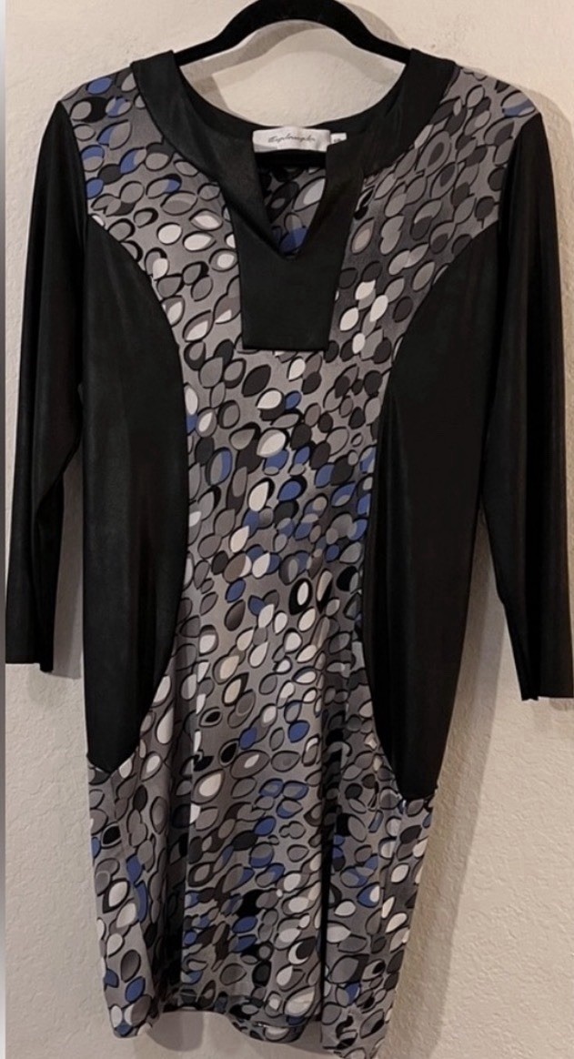T-Bags Los Angeles Mixed Media Dress Gray Blue Black Long Sleeve Mini S/M