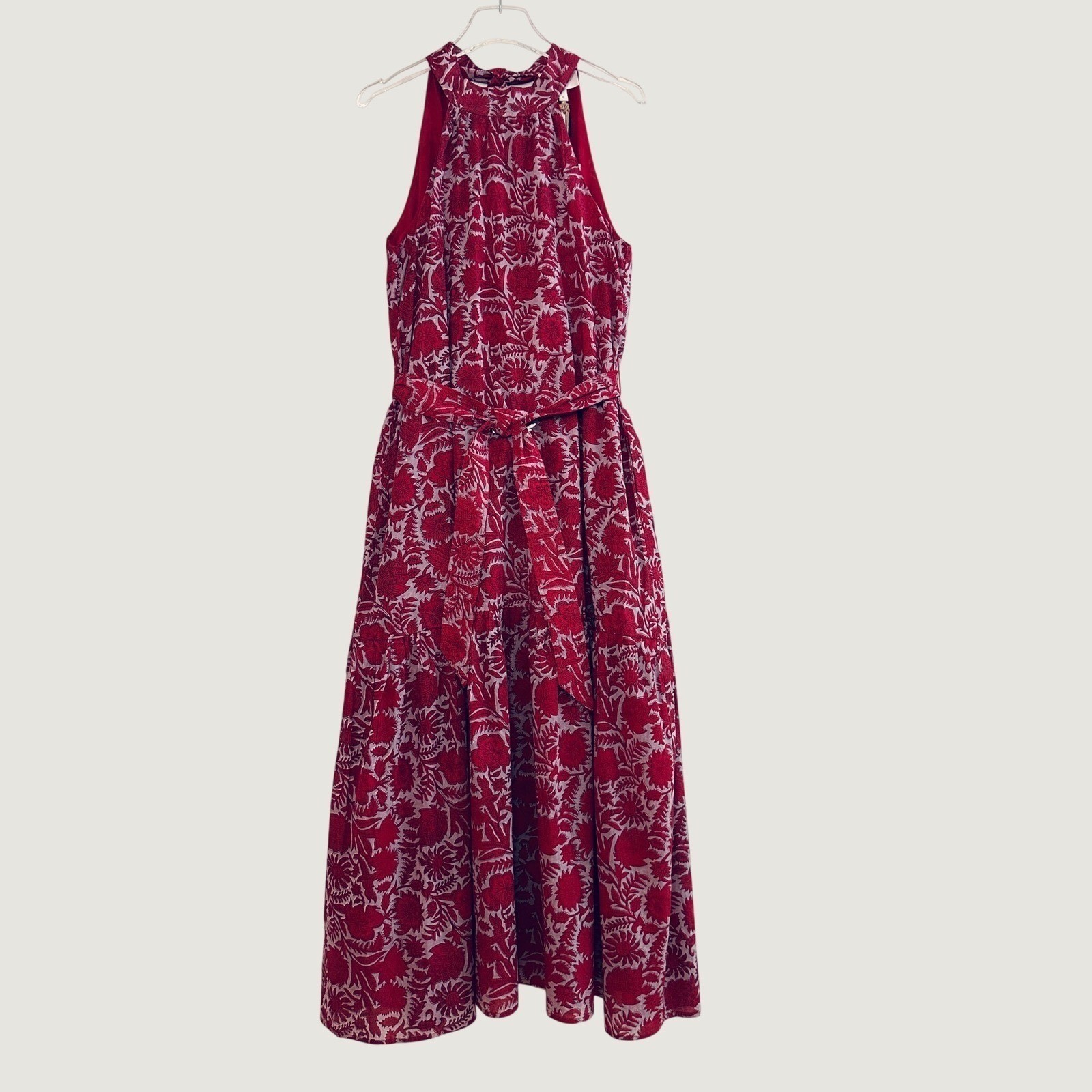 Cleobella Red Blue Print Halter Neck Tie Back and Belt Summer Dress Size Medium